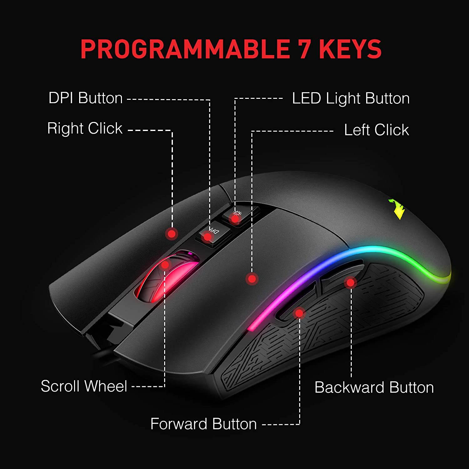 Mouse Wired Programmable Ergonomic USB Mice 4800 Dots Per Inch 7 Buttons & 7 Color Backlit for Laptop PC Gamer Computer Desktop