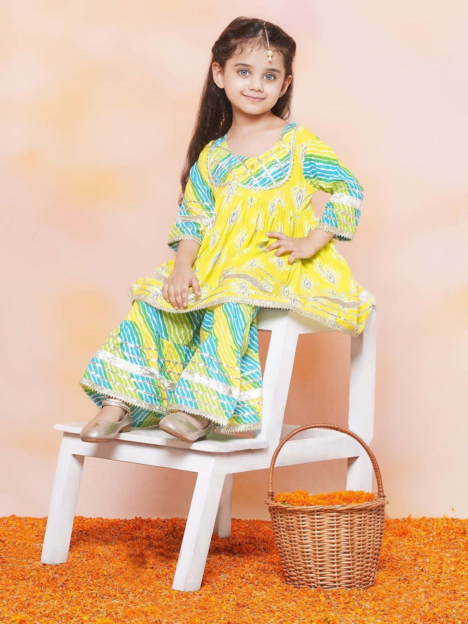 AJ Dezines Kids Blue & Yellow Cotton Printed Kurta Set