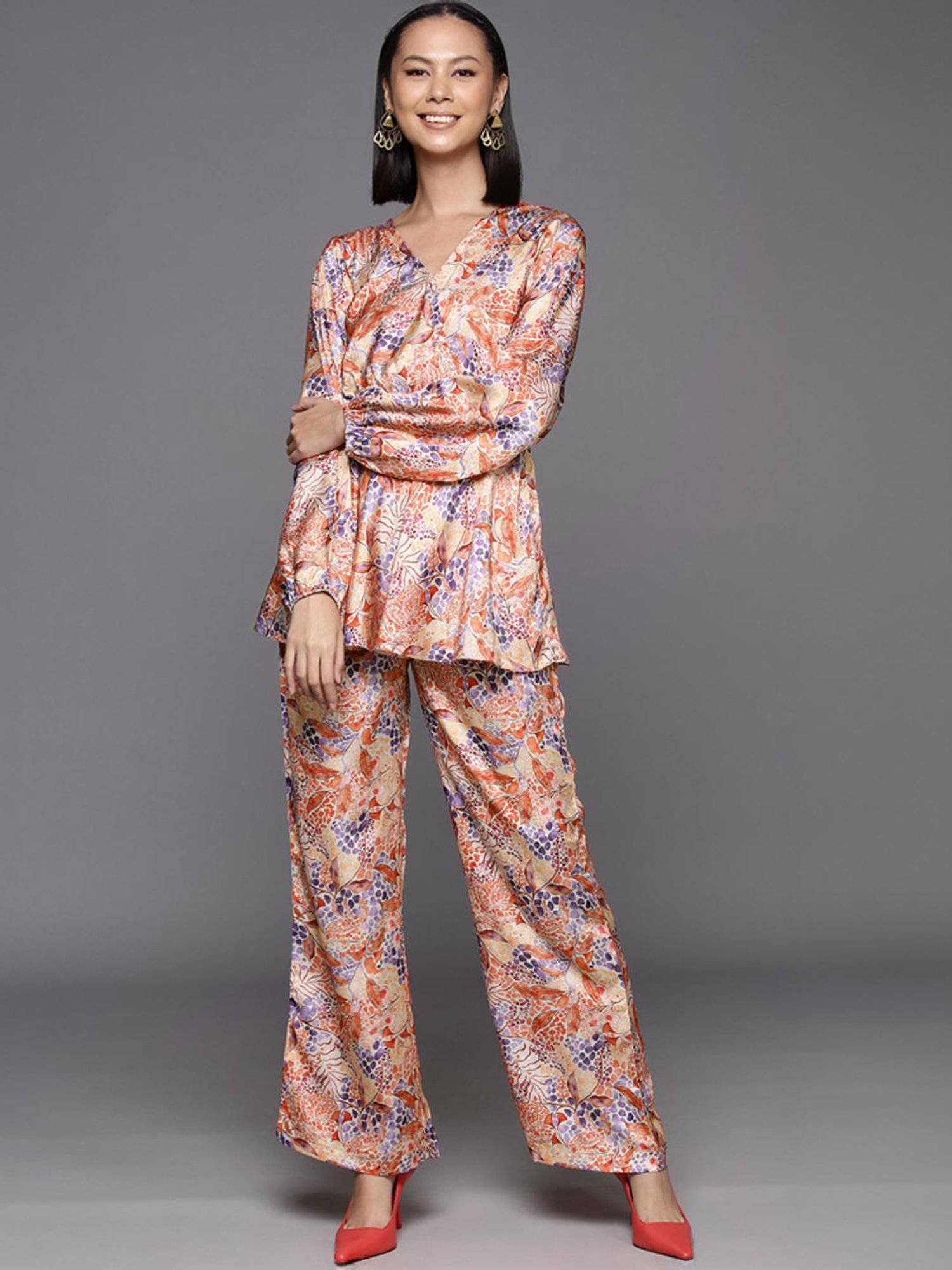 Varanga Beige Floral Print Top Pant Set