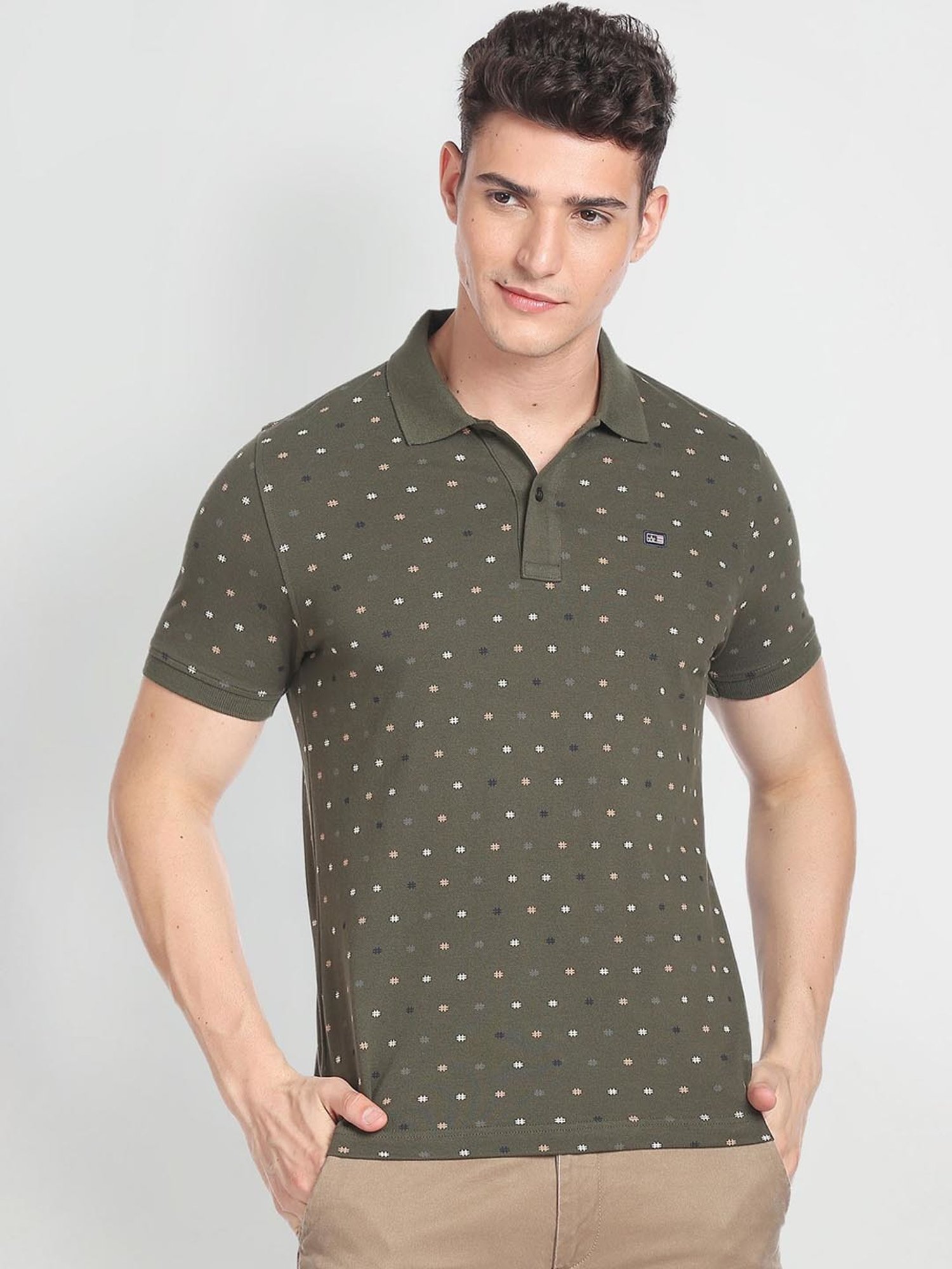 Arrow Sport Green Cotton Regular Fit Printed Polo T-Shirt
