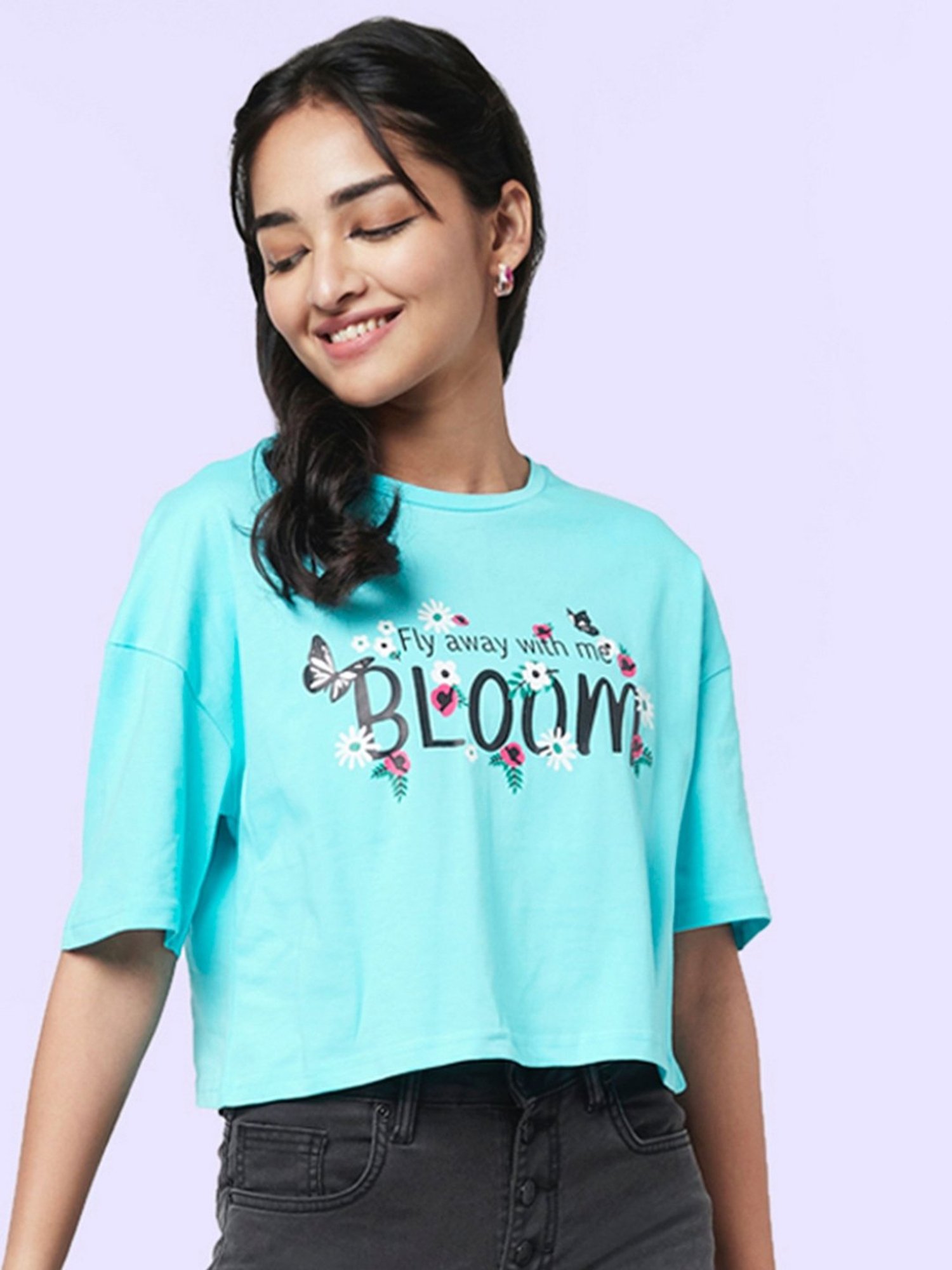 YU by Pantaloons Turquoise Cotton Graphic Print Top