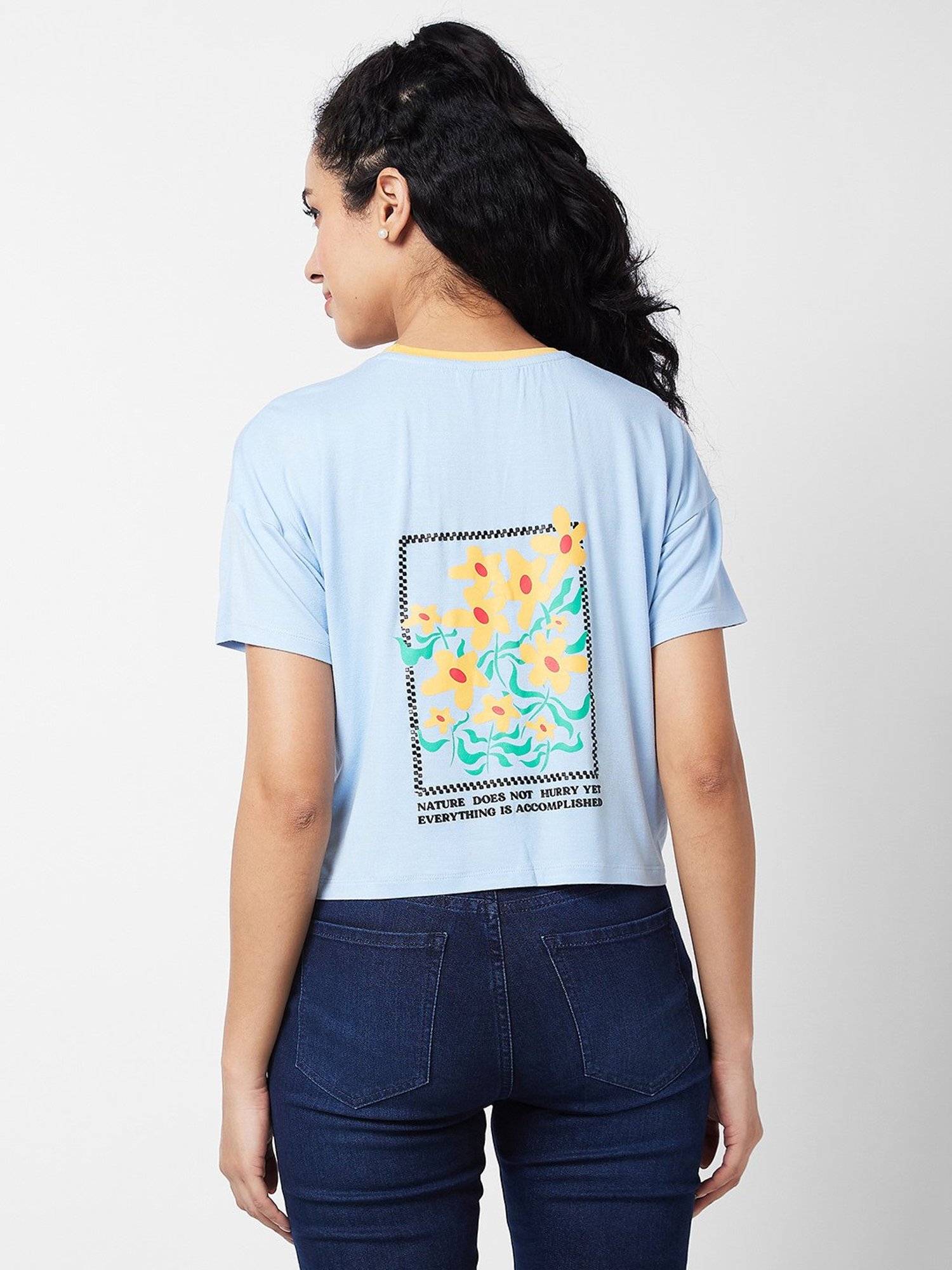Spykar Sky Blue Floral Print Crop T-Shirt