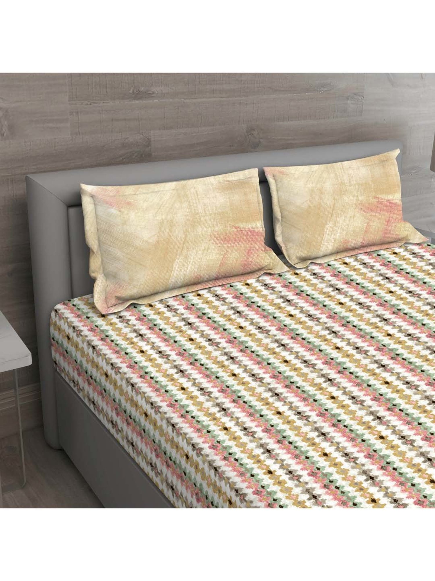 GM 'Matthiola' Beige & Brown Cotton 150 TC Double Bedsheet with 2 Pillow Covers