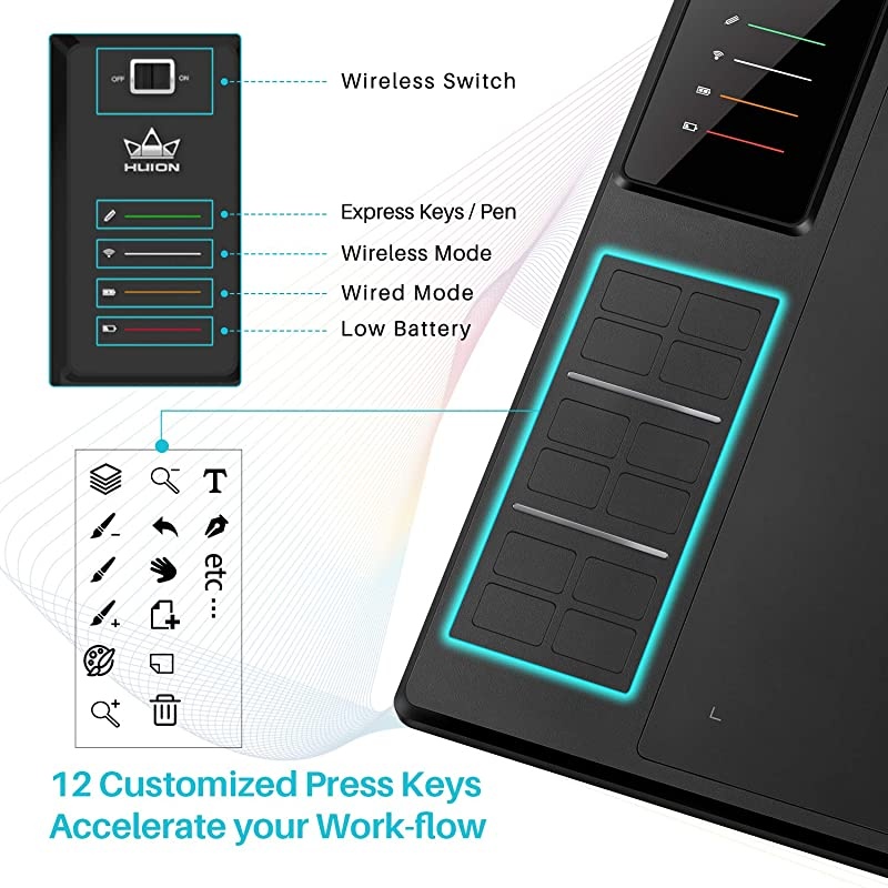 Inspiroy WH1409 V2 Wireless Digital Graphic Drawing Tablet Tilt Function Battery-Free Stylus with 12 Press Keys and 20 Pen Nibs
