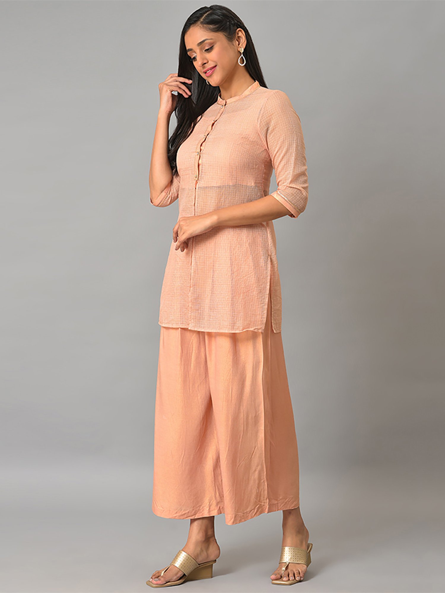 Aurelia Peach Printed Crop Top Palazzo Set With Overlay