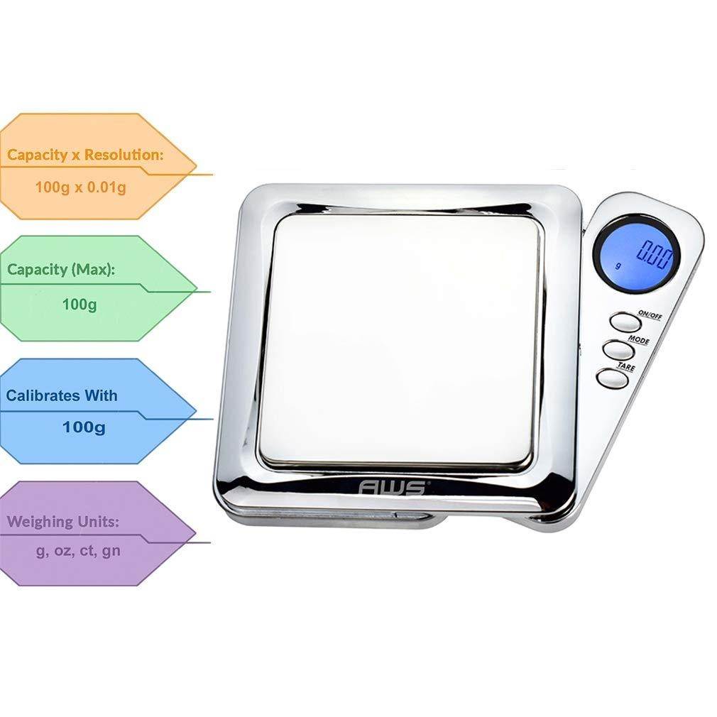 American Weigh Scales Blade Series Digital Precision Pocket Weight Scale with Silicone Mat, Chrome, 100g x 0.01g (BL-100-CH-SE)