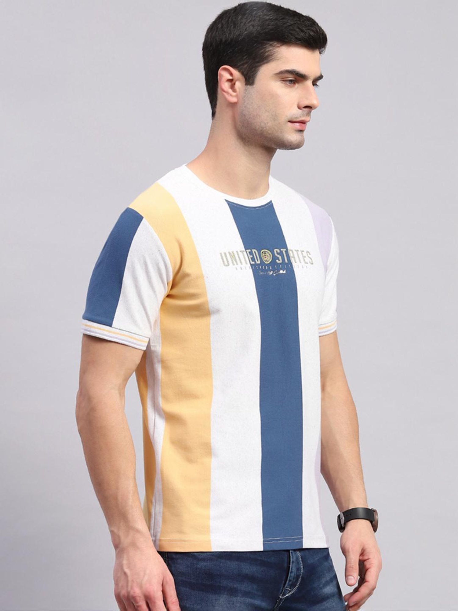 Monte Carlo Ecru & Blue Regular Fit Striped T-Shirt