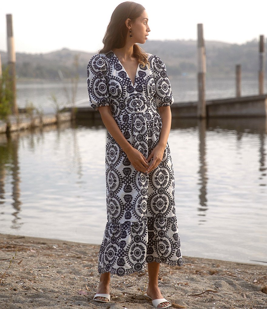 Adelyn Rae Eyelet Embroidered Puff Sleeve V-Neck Midi Dress