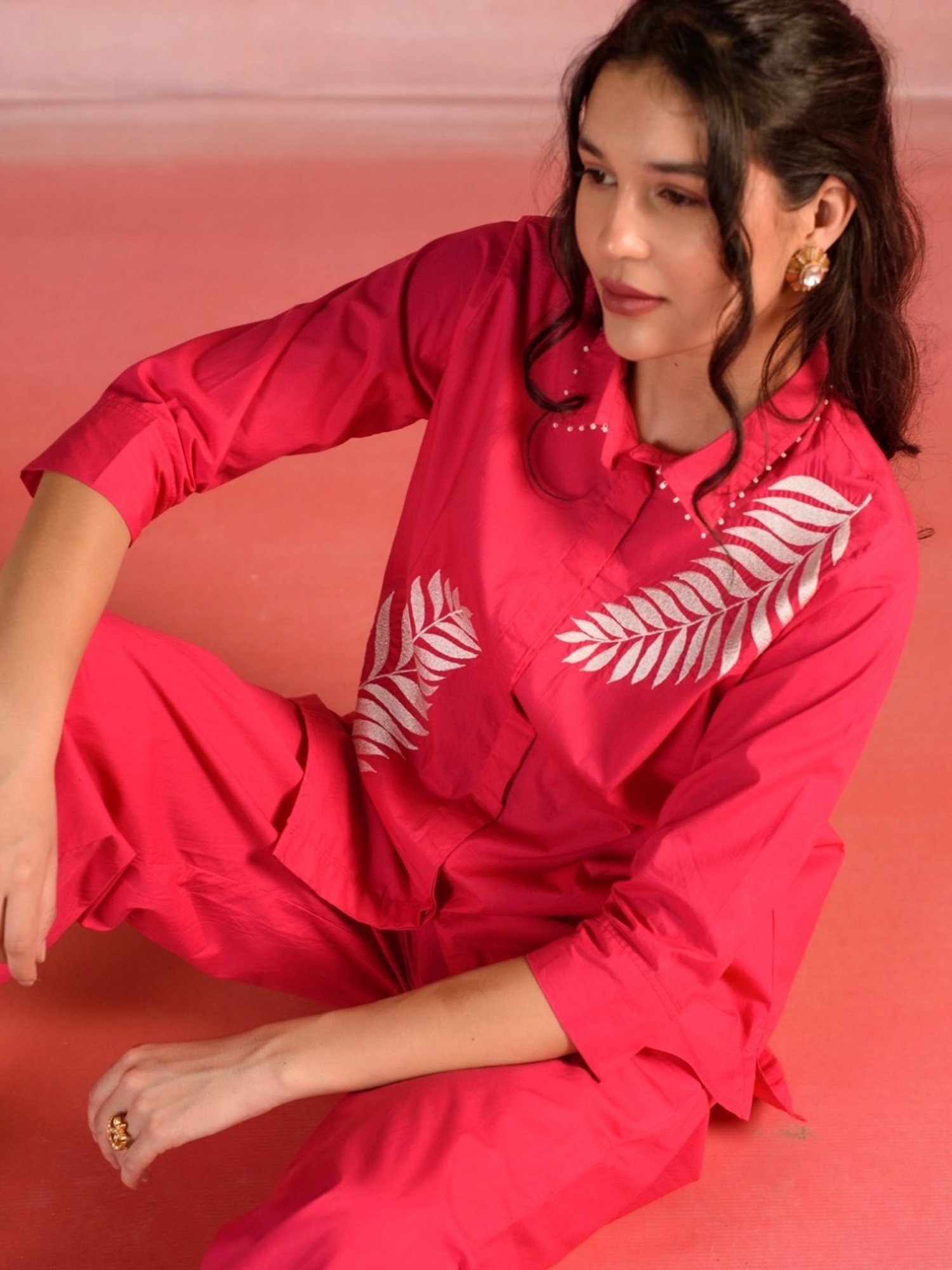 Kameez by Pooja Red Orange Embroidered Poplin Shirt with Pant Co-ord Set