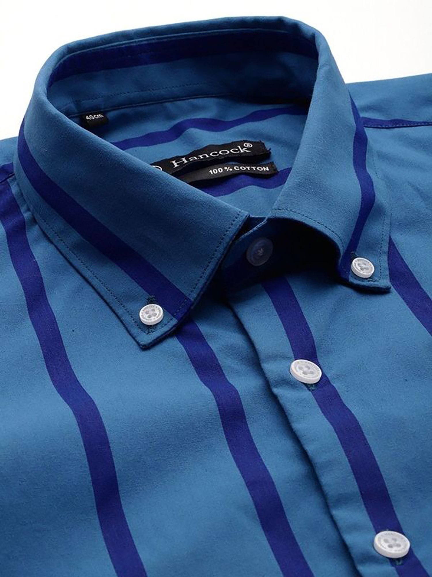 Hancock Blue Cotton Slim Fit Stripes Shirts
