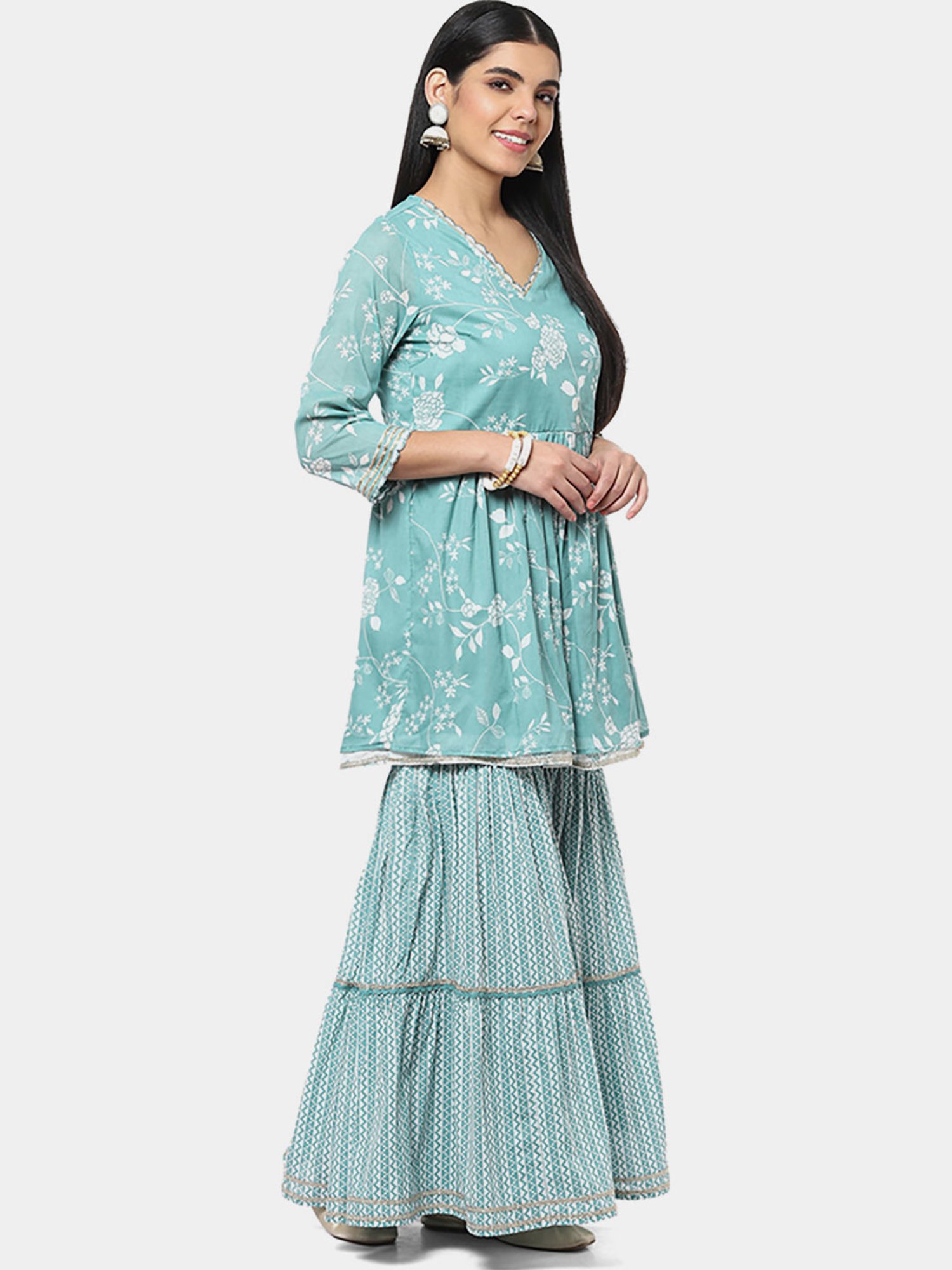 Biba Green Cotton Printed Kurti Sharara Set With Dupatta