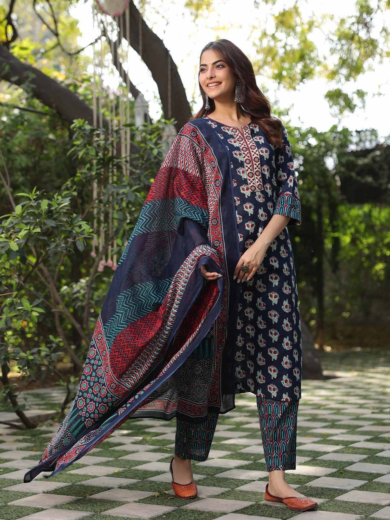 Rain and Rainbow Blue Cotton Embroidered Kurta & Pant Set With Dupatta