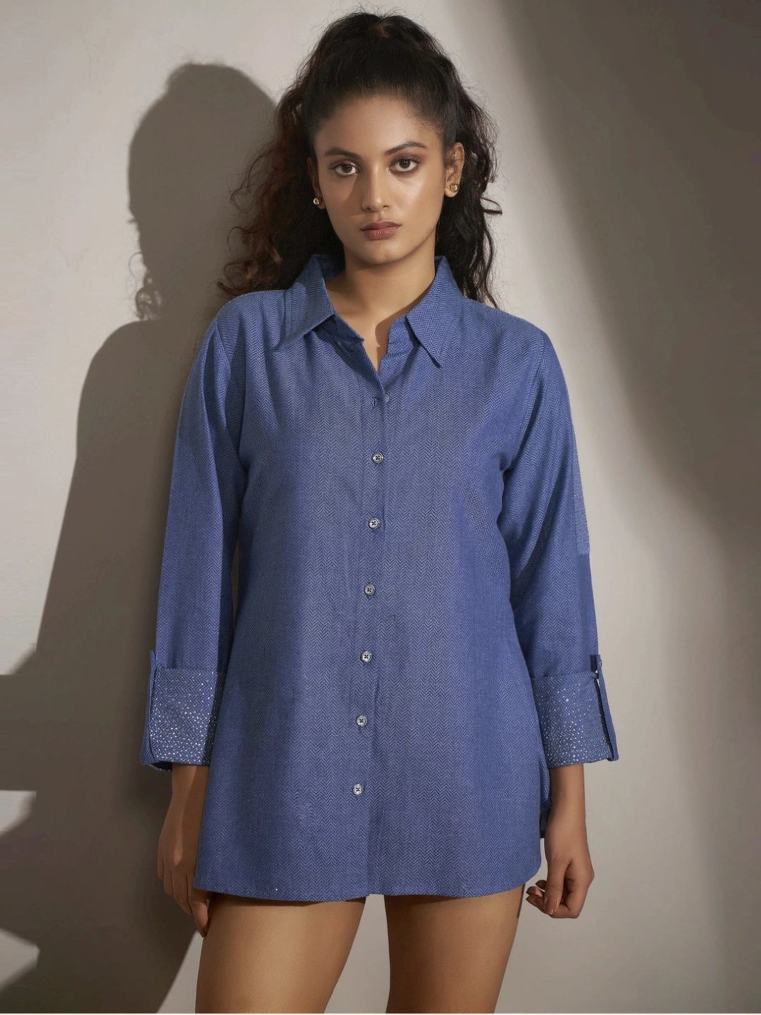 Kaftanize Blue Self Twill Texture Rhinestone Work Kameez Shirt