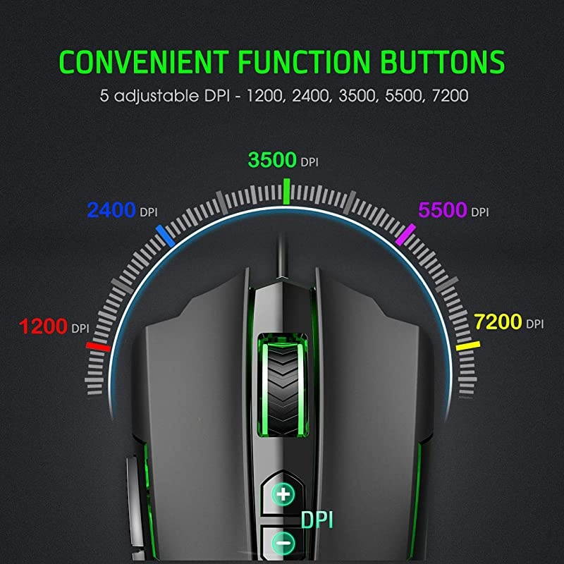 Gaming Mouse Wired 7200 DPI Programmable Breathing Light Ergonomic Game USB Computer Mice RGB Gamer Desktop Laptop PC Gaming Mouse 7 Buttons for Windows 7810XP Vista Linux Black