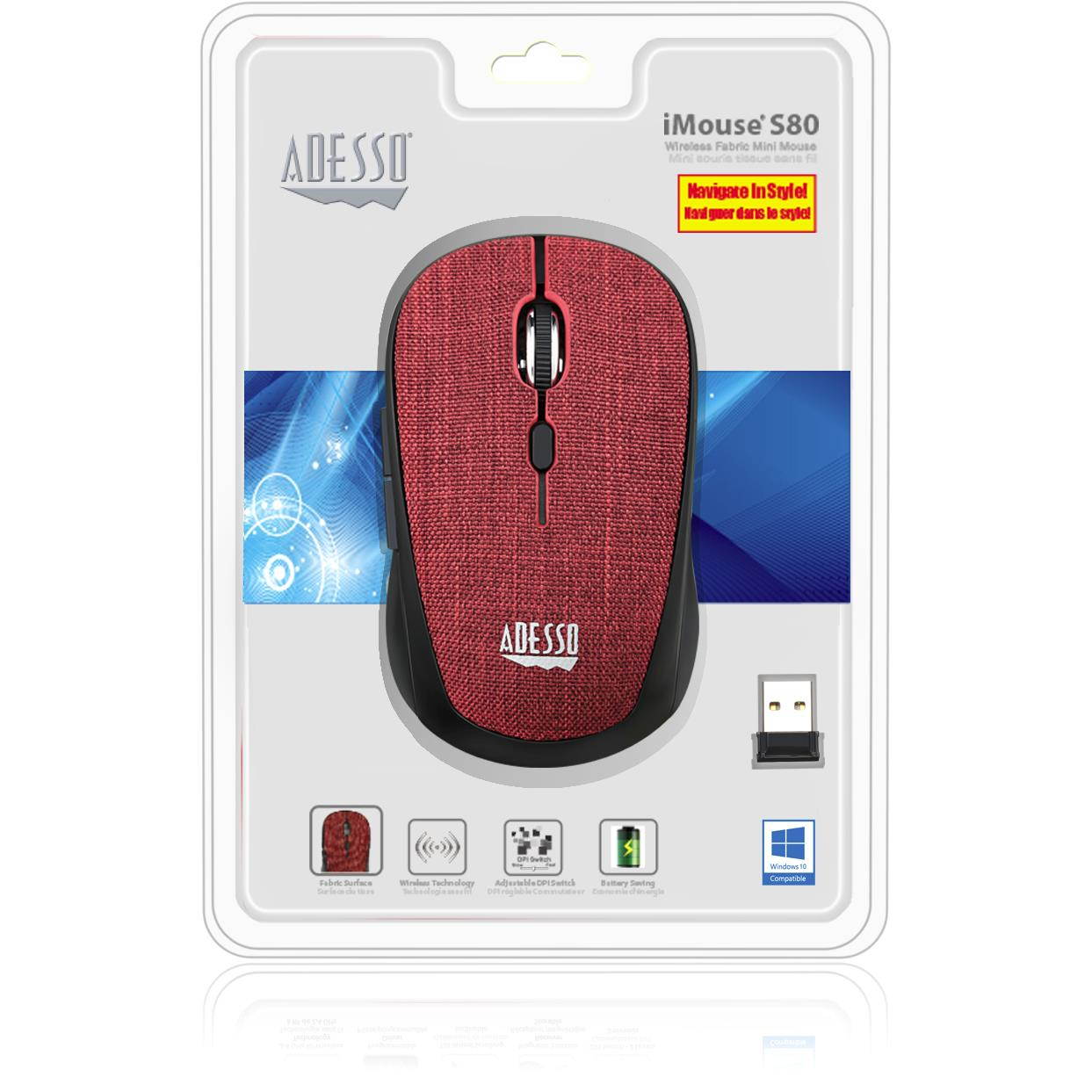 Adesso iMouse S80R Mini Wireless 5-Button Fabic Mouse Red