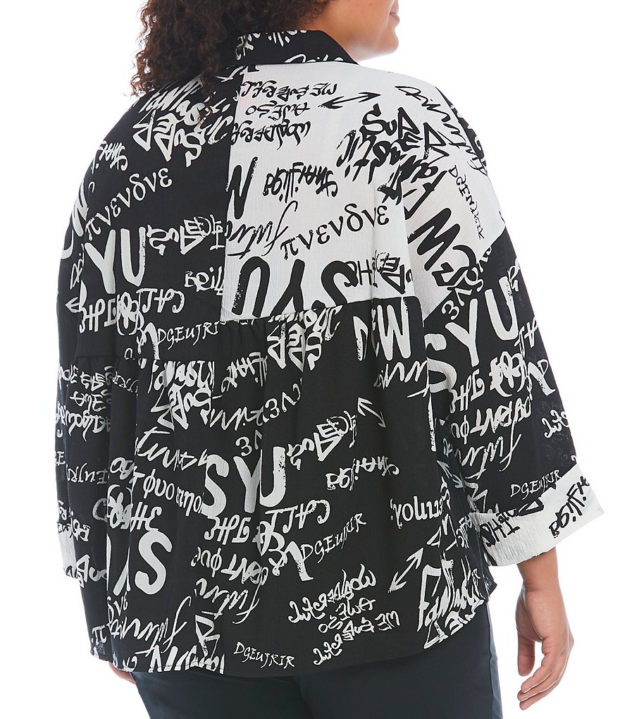 IC Collection Plus Size Point Collar Neck Long Sleeve Colorblock Graffiti Print Crepe Button-Front Top