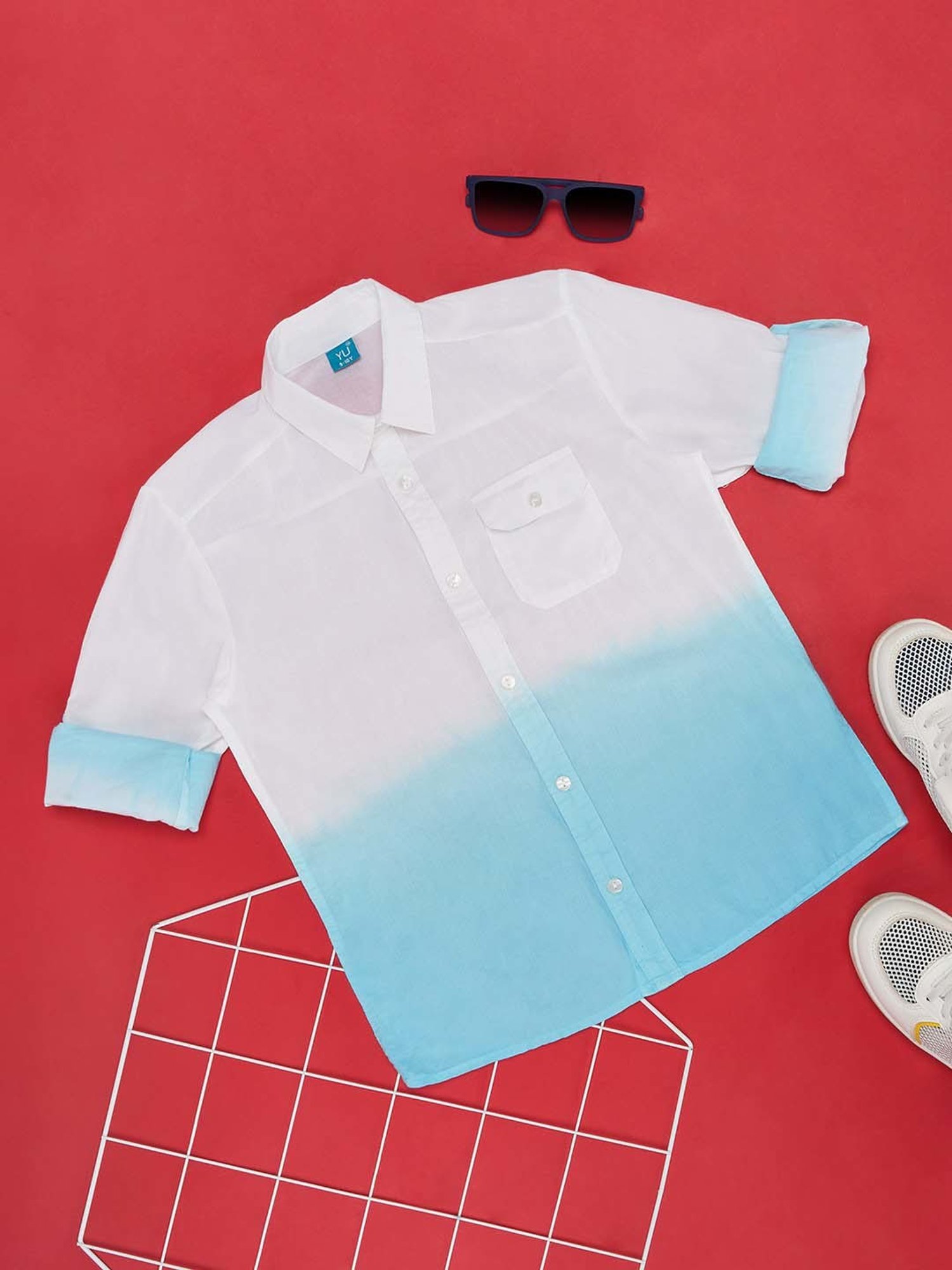 YU by Pantaloons Kids White & Blue Cotton Color Block Full Sleeves Shirt