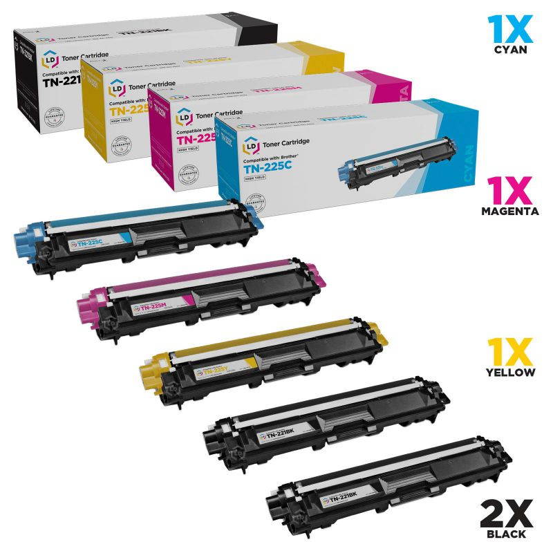 LD Brother Compatible TN221 & TN225 Bulk Set of 5 laser toner Cartridges:  2 of Black & 1 Cyan / Magenta / Yellow for use in the HL-3140CW. HL-3170CDW, MFC-9130CW, MFC-9330CDW & MFC9340CDW Printers