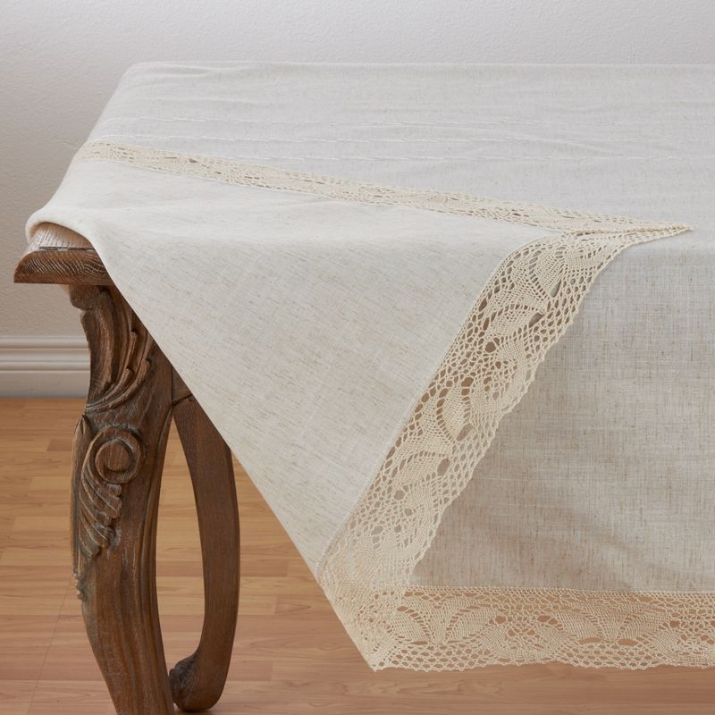 Saro Lifestyle Poly And Linen Blend Tablecloth With Embroidered Lace Design, 72"x72", Natural, Square