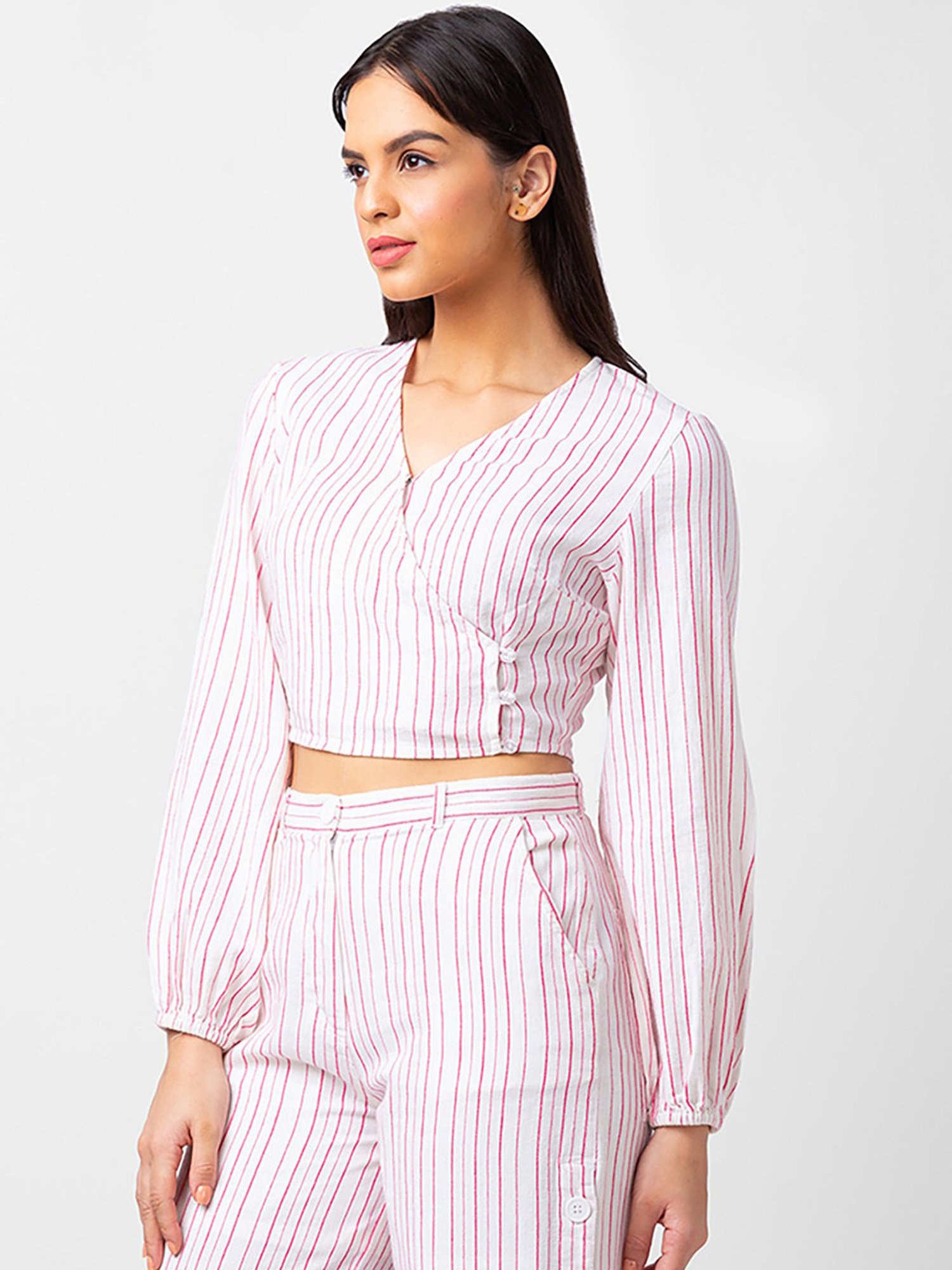 Spykar White & Pink Cotton Striped Top