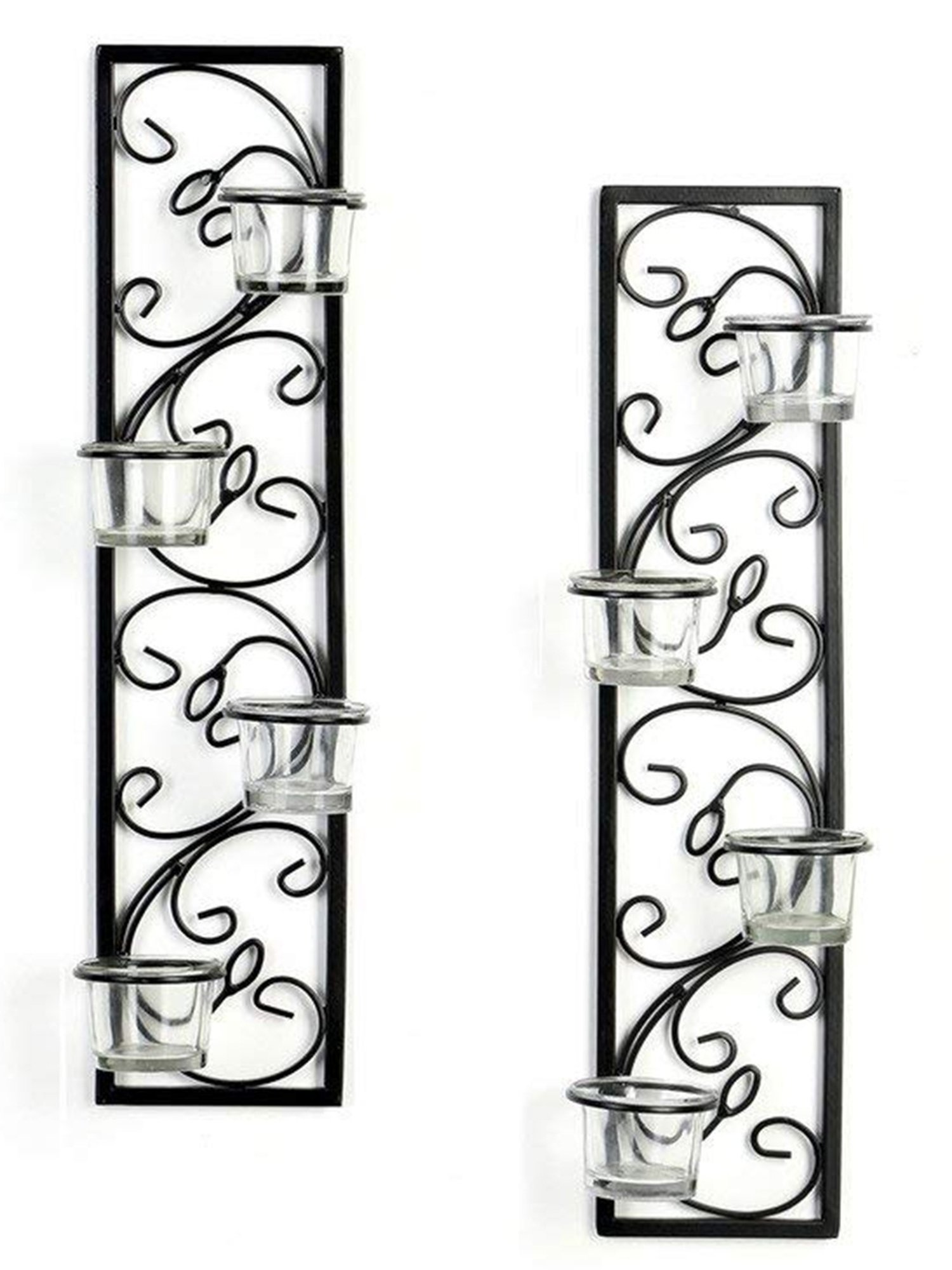 HOSLEY Black Iron Decorative Wall Sconce Candle Holder with T-light Candles - Set of 2