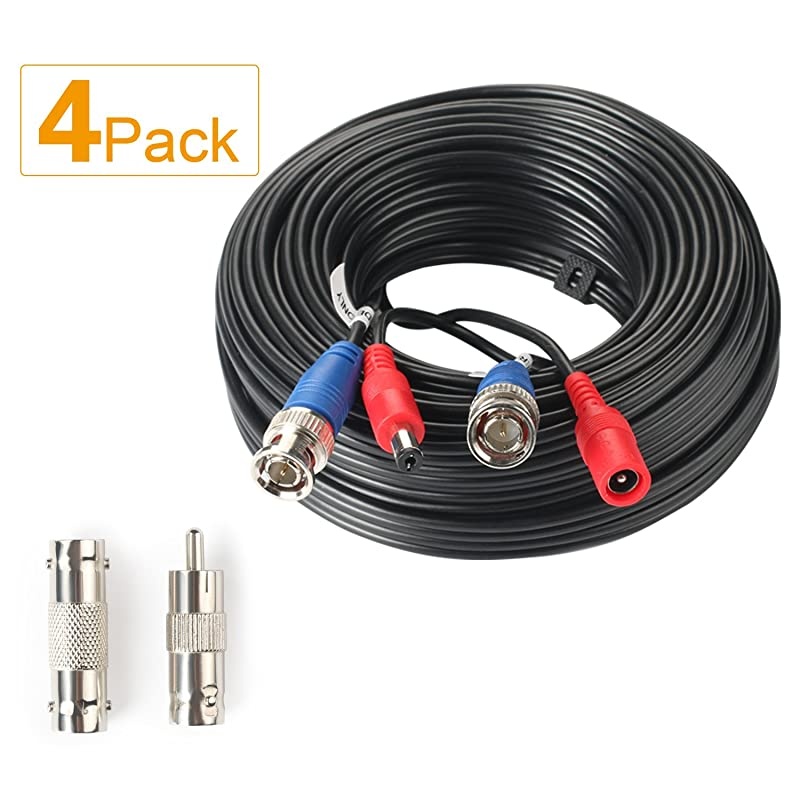 4Pack 65Feet BNC Vedio Power Cable Pre-Made Al-in-One Camera Video BNC Cable Wire Cord for Surveillance CCTV Security System with Connectors(BNC Female and BNC to RCA)
