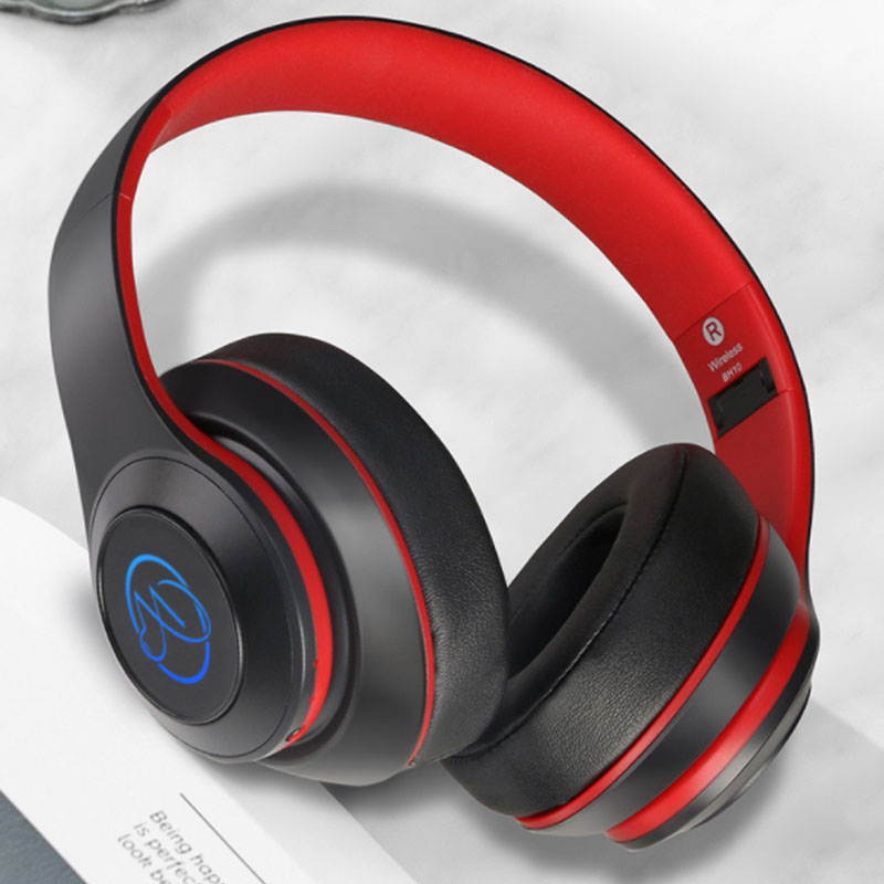 Wireless Bluetooth Headphones With Microphone and LED Light Foldable Stereo Noise Cancelling Wired and Wireless Switchable Headset For PC/iphone/Mp3/ipad Black red
