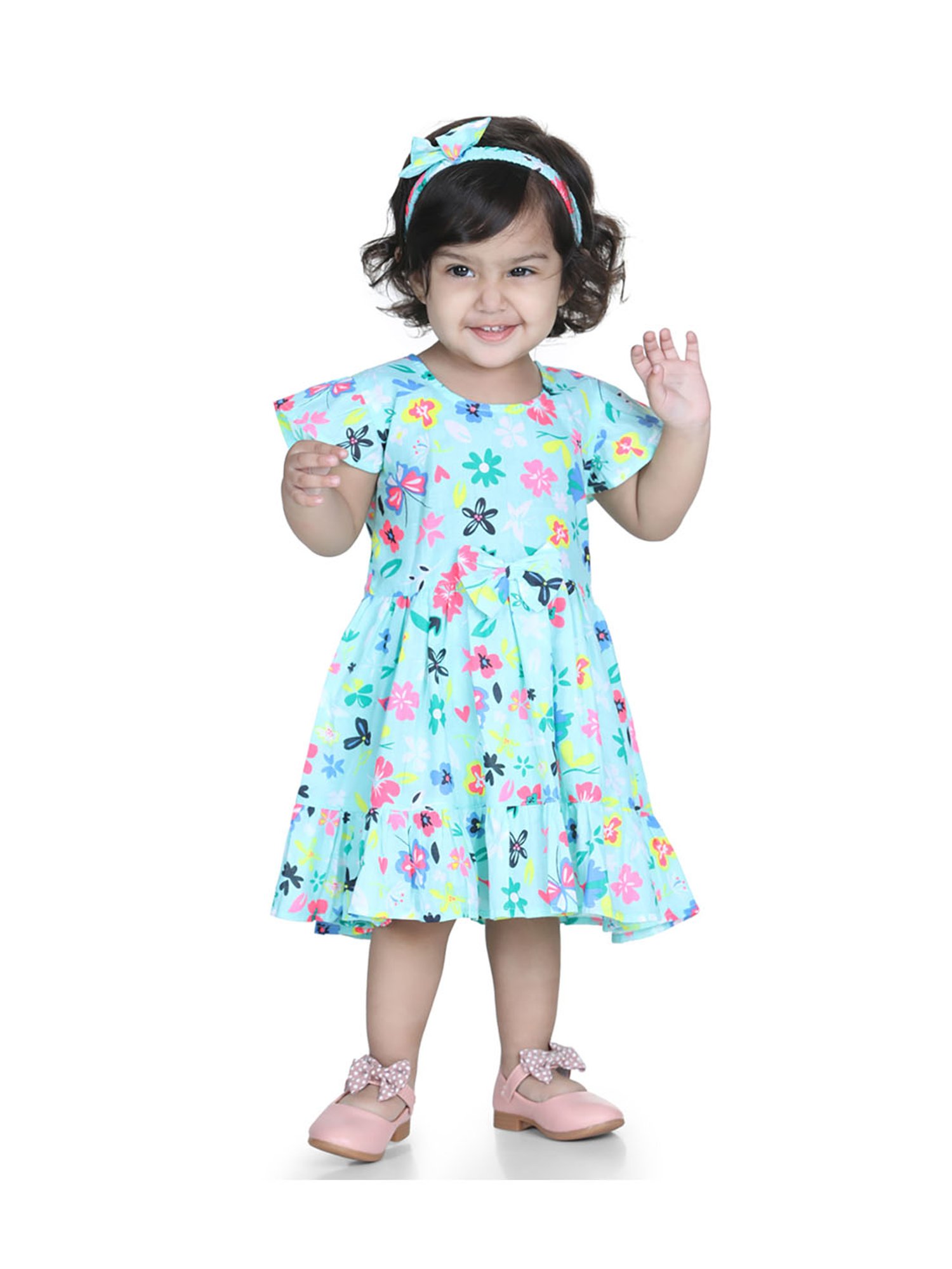 BownBee Kids Green Printed Jhabla, Bloomer with Hairbelt