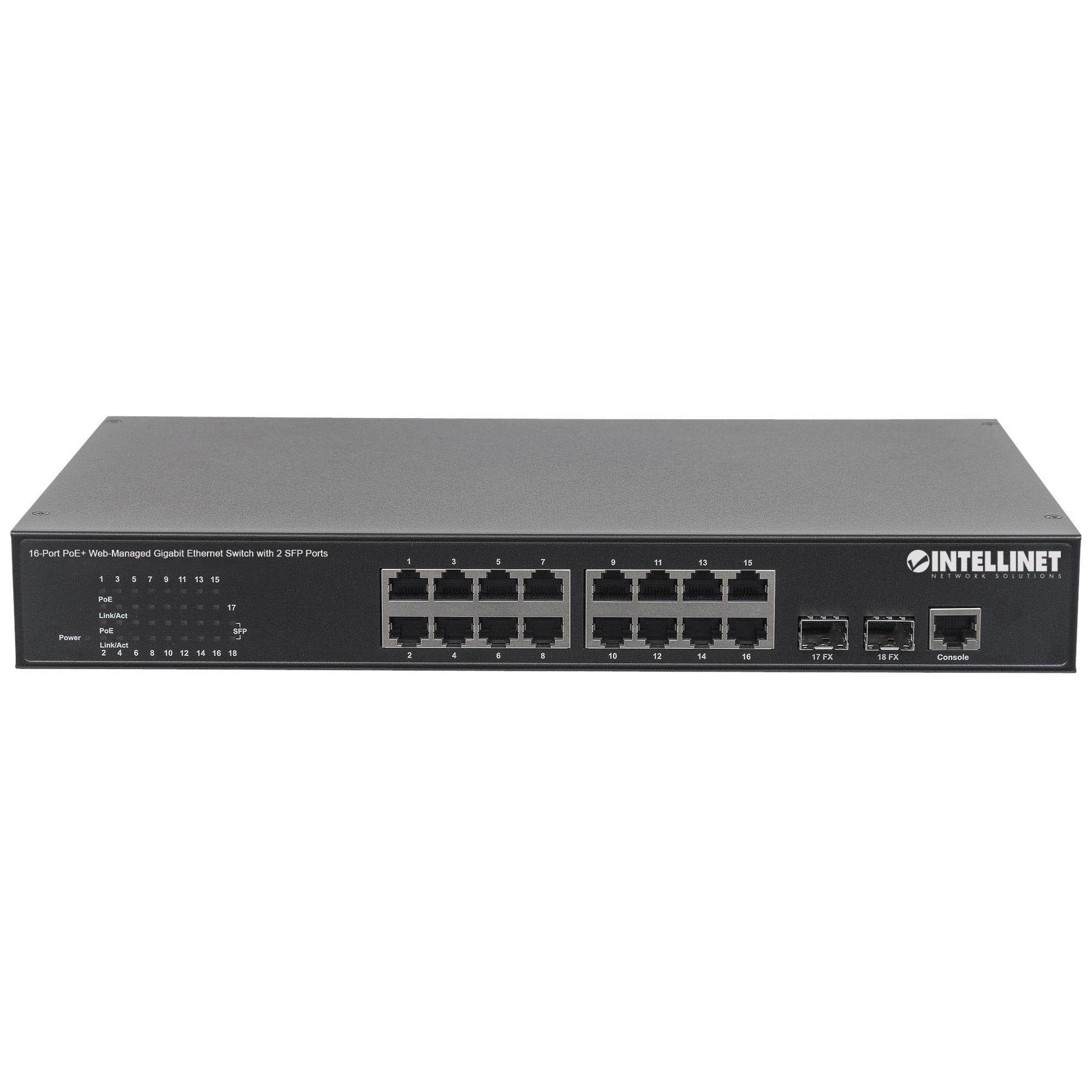 Intellinet 16-Port PoE+ Web-Managed Gigabit Ethernet Switch with 2 SFP Ports