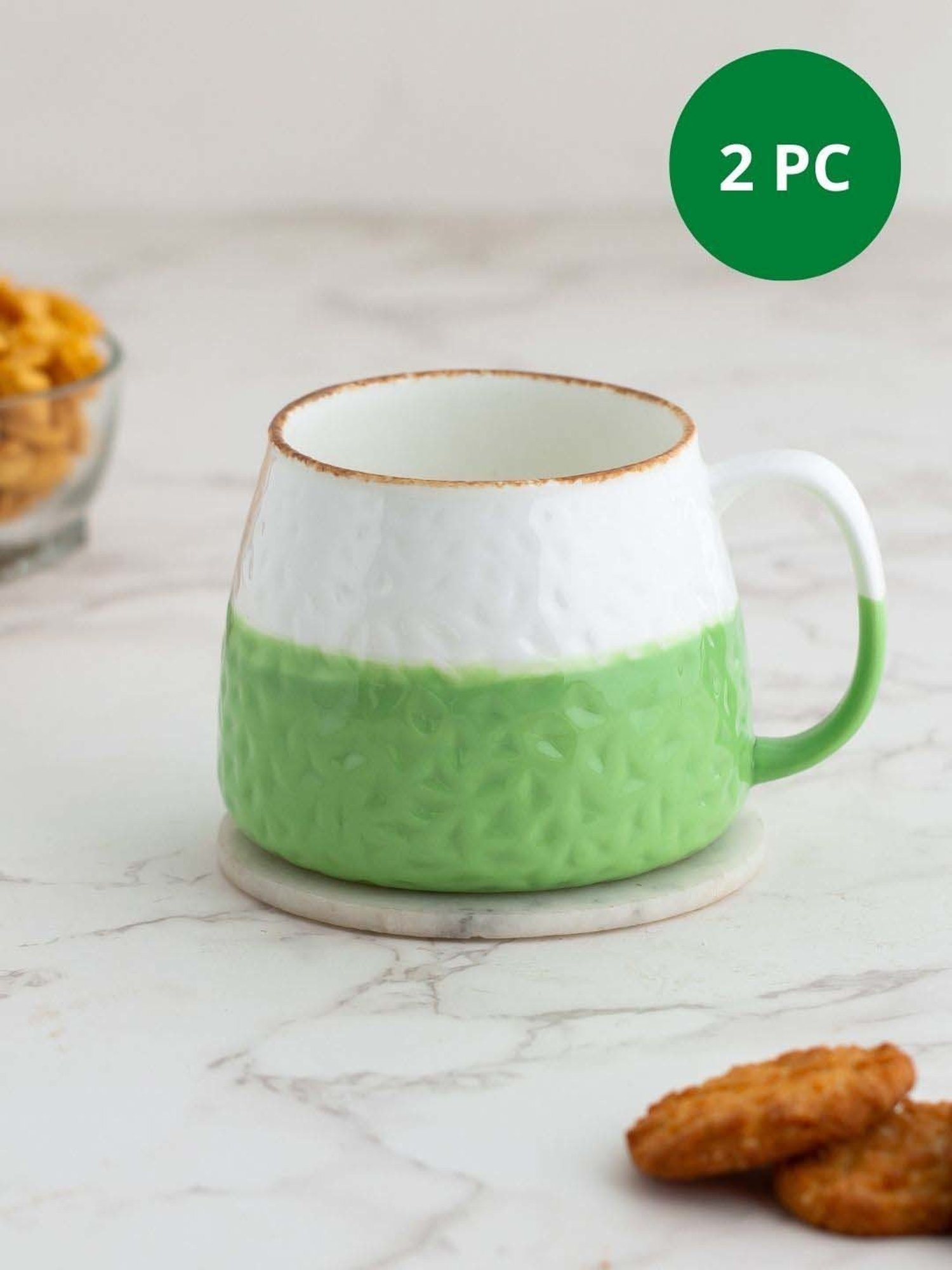 Clay Craft Tetra Off-White & Green Ceramic Mug (0.35 L) - Set of 2