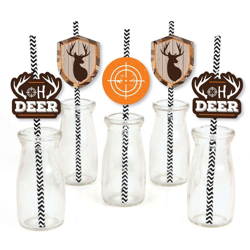 Big Dot of Happiness Gone Hunting - Paper Straw Decor - Deer Hunting Camo Baby Shower or Birthday Party Striped Decorative Straws - Set of 24