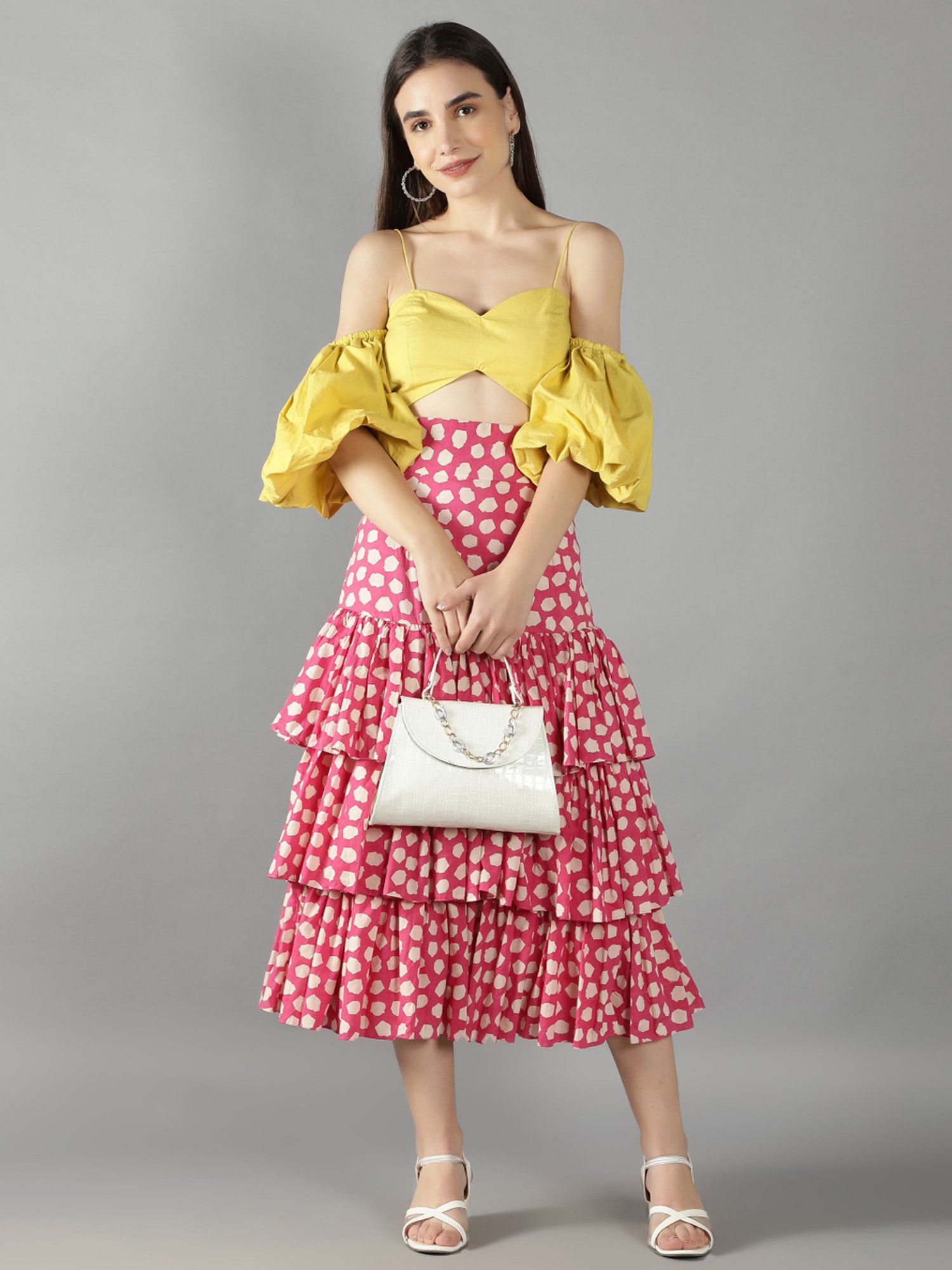 KAORI BY SHREYA AGARWAL Yellow & Pink Cotton Crop Top Skirt Set