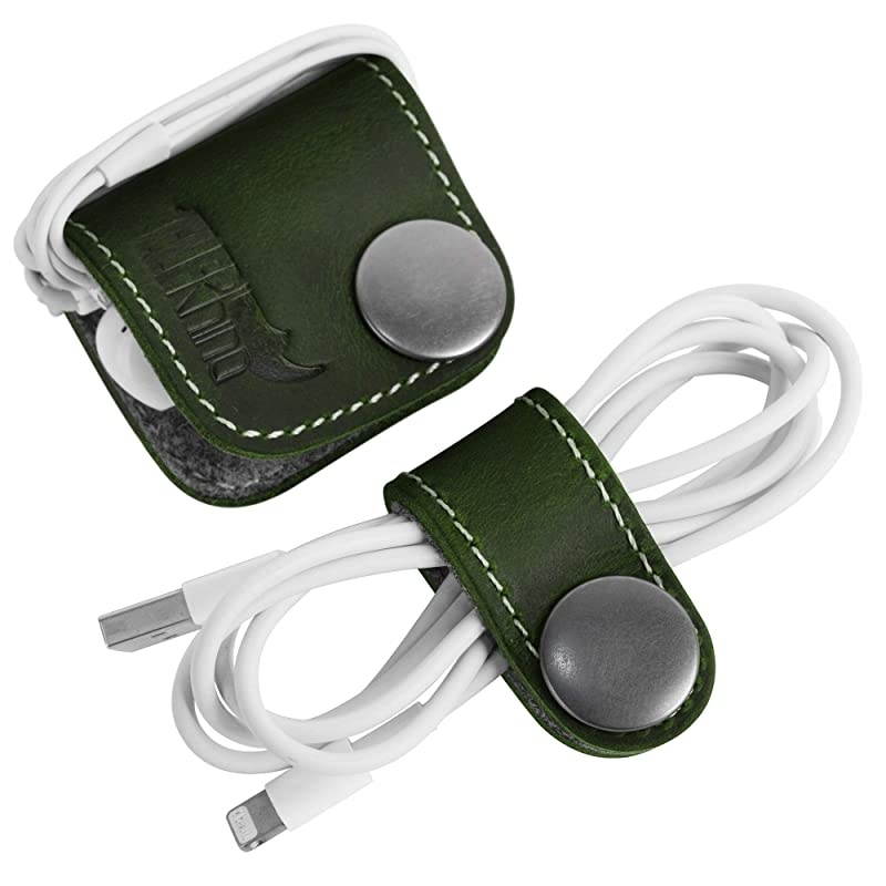 Genuine Leather Headphone Earphone Organizer Cord Organizer Wrap Winder Cord Manager Cable WinderSet of 2 Green