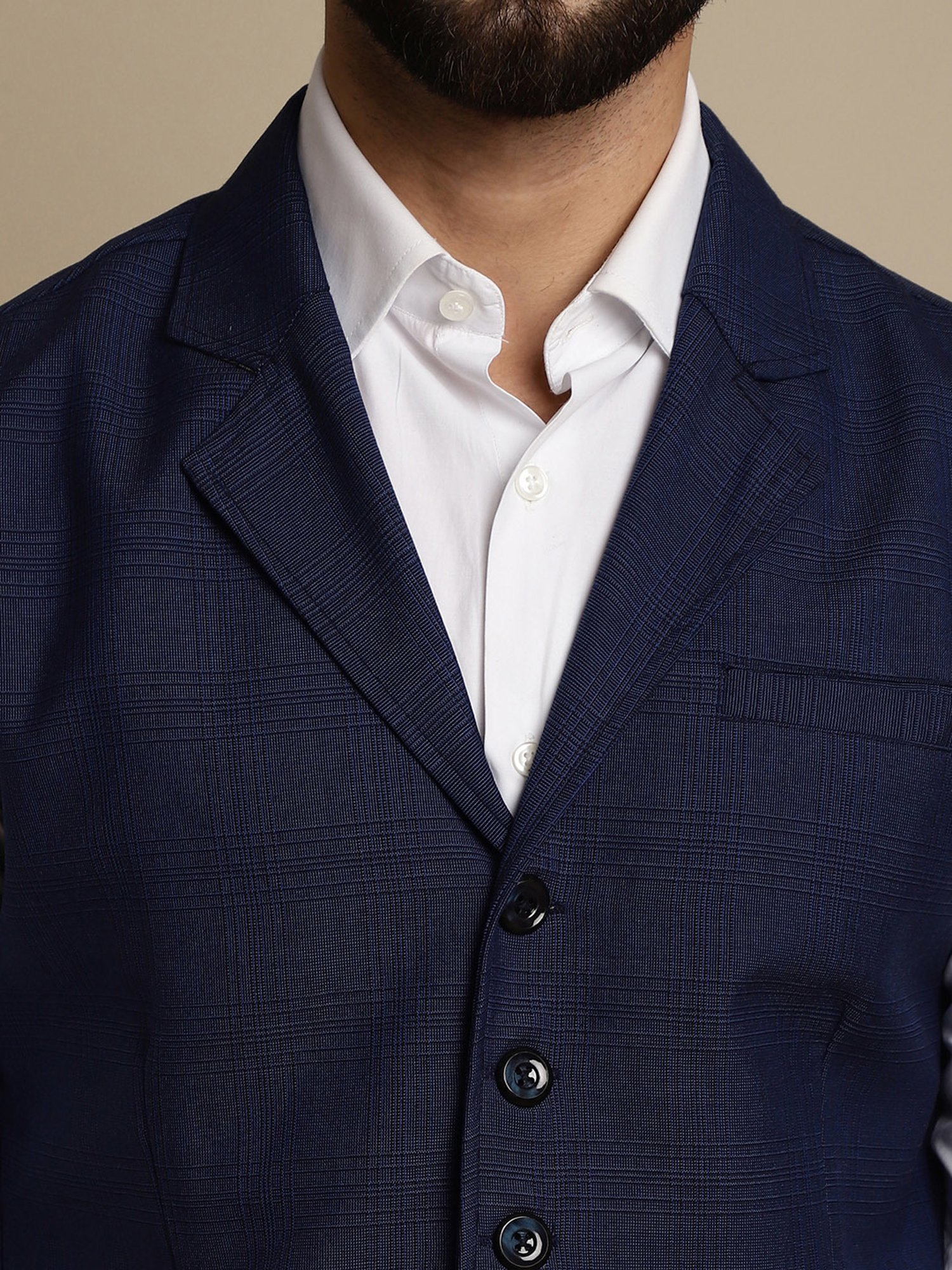 Even Blue Regular Fit Notch Lapel Check Waistcoat