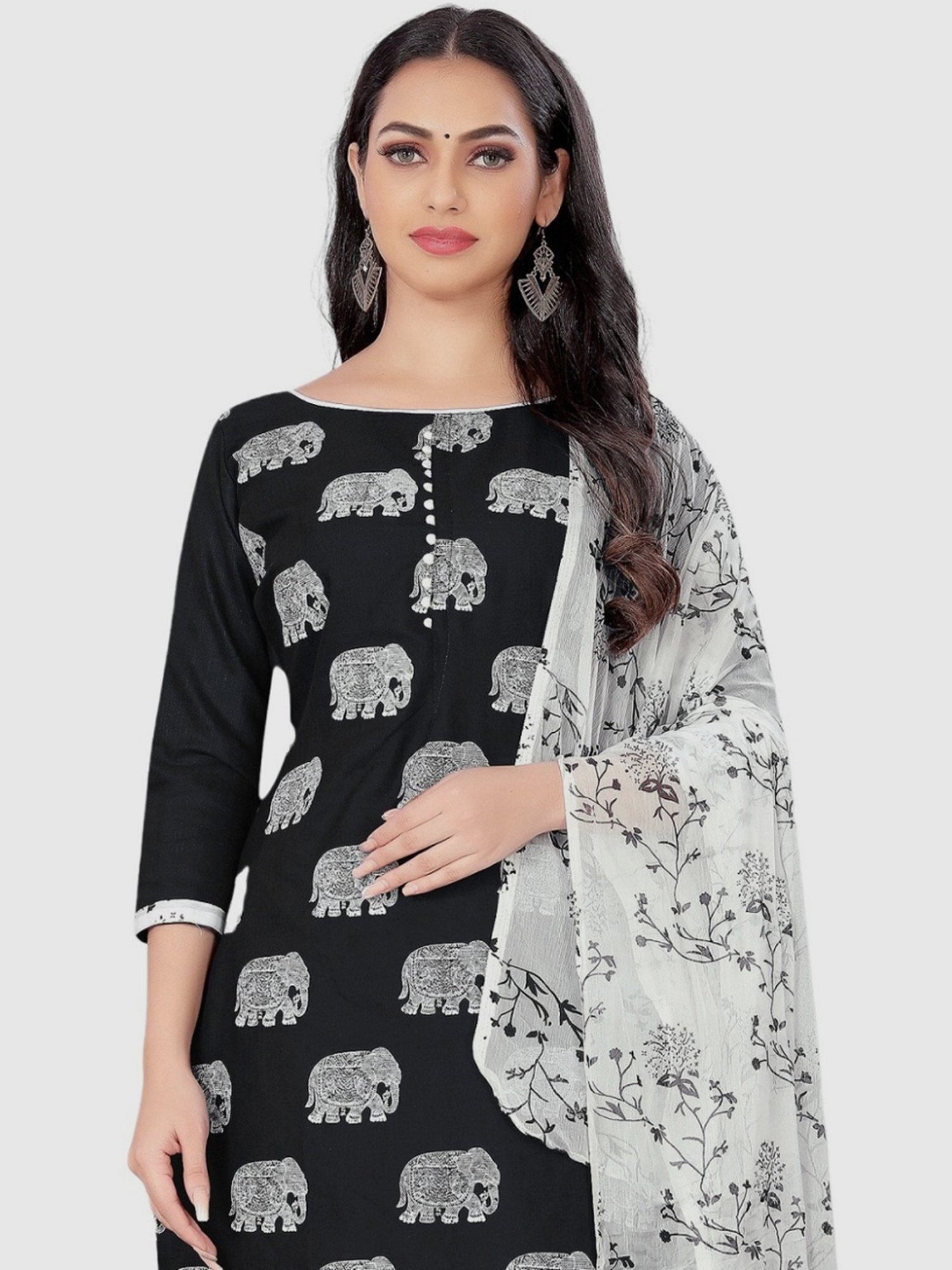 APNISHA Black & White Cotton Printed Unstitched Dress Material