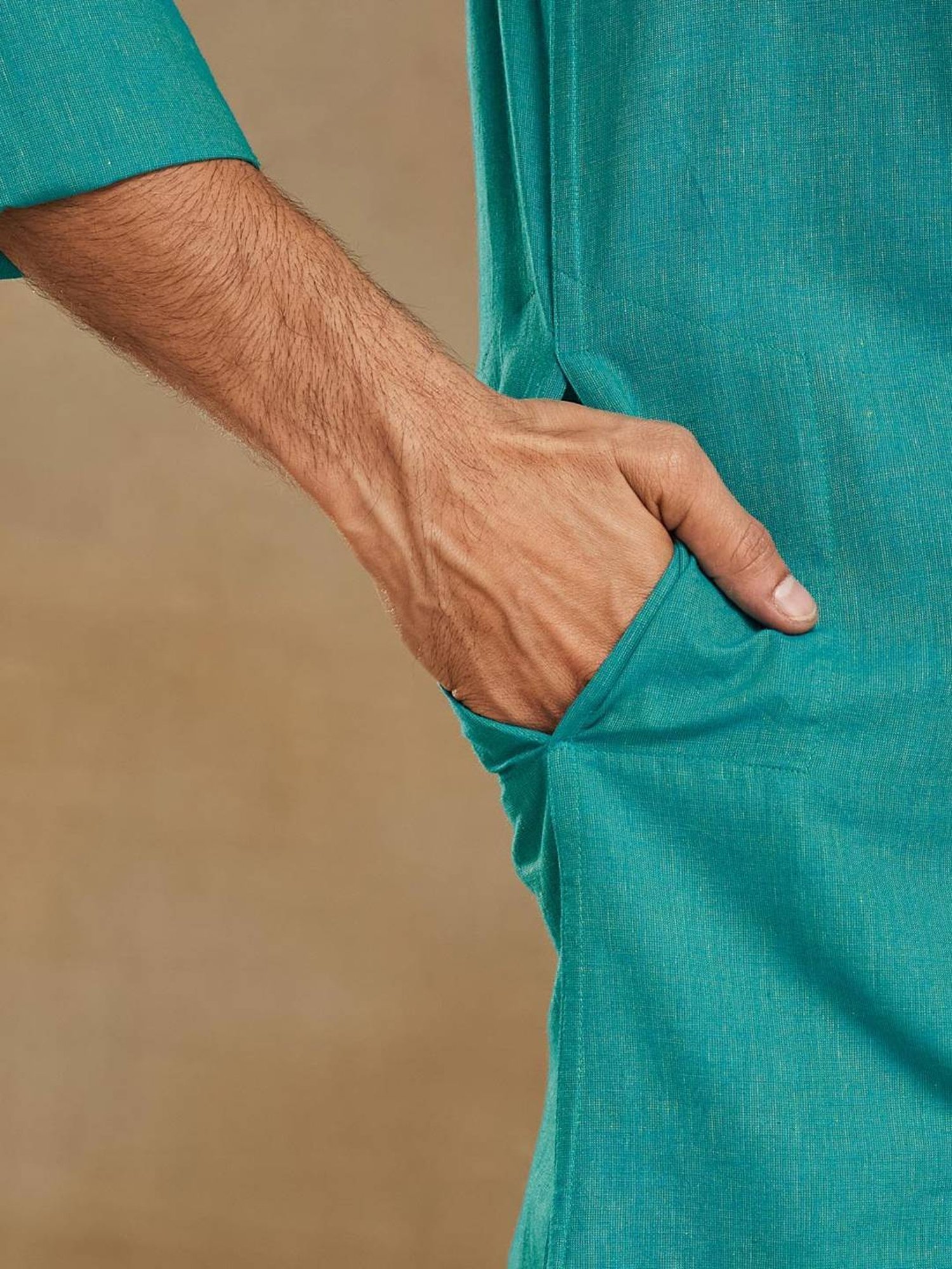 Fabindia Turquoise Cotton Slim Fit Kurta