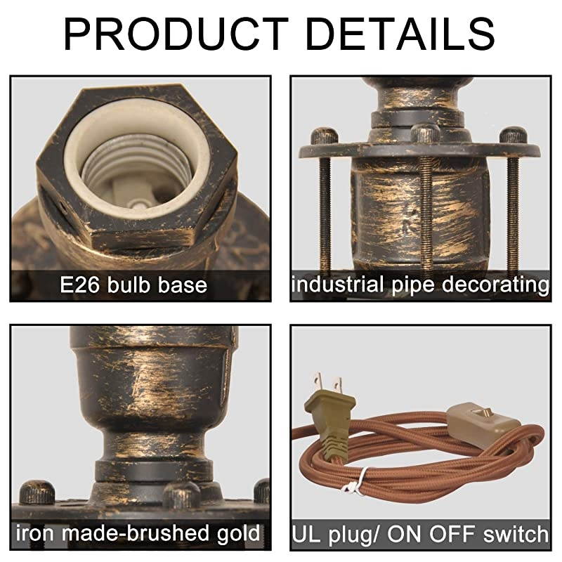 Vintage Industrial Steampunk Table Lamp, Mini Retro Gold Brass Metal Pipe Nightlights Desk Lamp for Bedside Bedroom Living Room Kids Room Decor(No Bulbs)