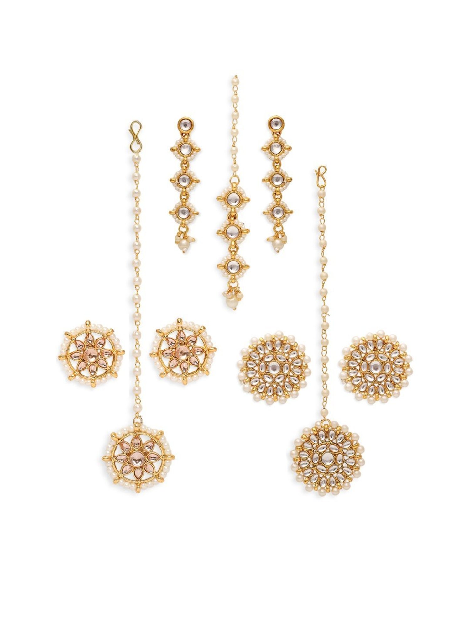OOMPH Combo of 3 Kundan Jadau Maangtikaa Set - 3 Maangtikka & 3 Pair of Matching Earrings