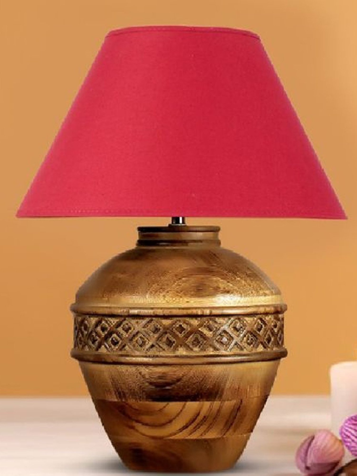 Kapoor Lamp Shades Brown & Red Wood Cromwell Large Carved Table Lamp