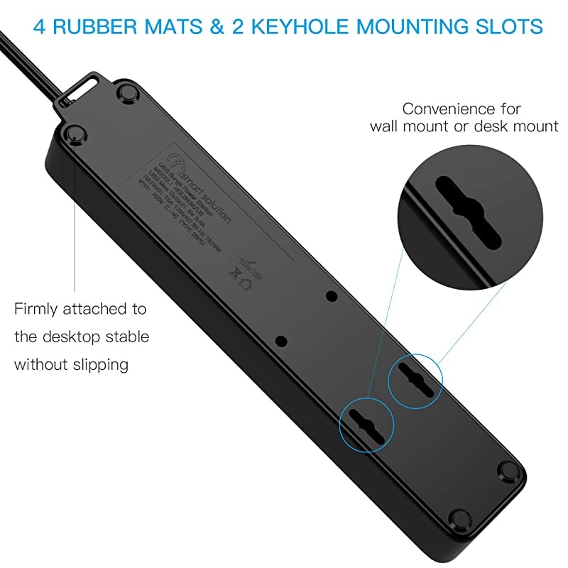 ON USB Surge Protector Power Strip 4 Multi Outlets with 4 USB Charging Ports 34A Total Output600J Surge Protector Power Bar 6 ft Long UL Cord Wall MountBlack