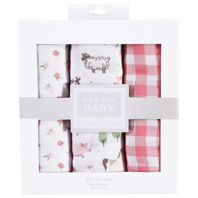 Hudson Baby Infant Girl Cotton Muslin Swaddle Blankets, Girl Farm Animals, One Size