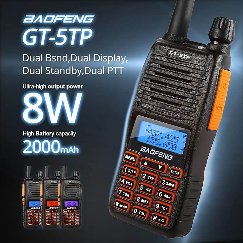 GT5TP 8W4W1W TriPower UHF VHF Dual Band Amateur Ham Radio Handheld Two Way Radio Walkie Talkie with Earpiece + 2000mAh Battery + Dual PTT