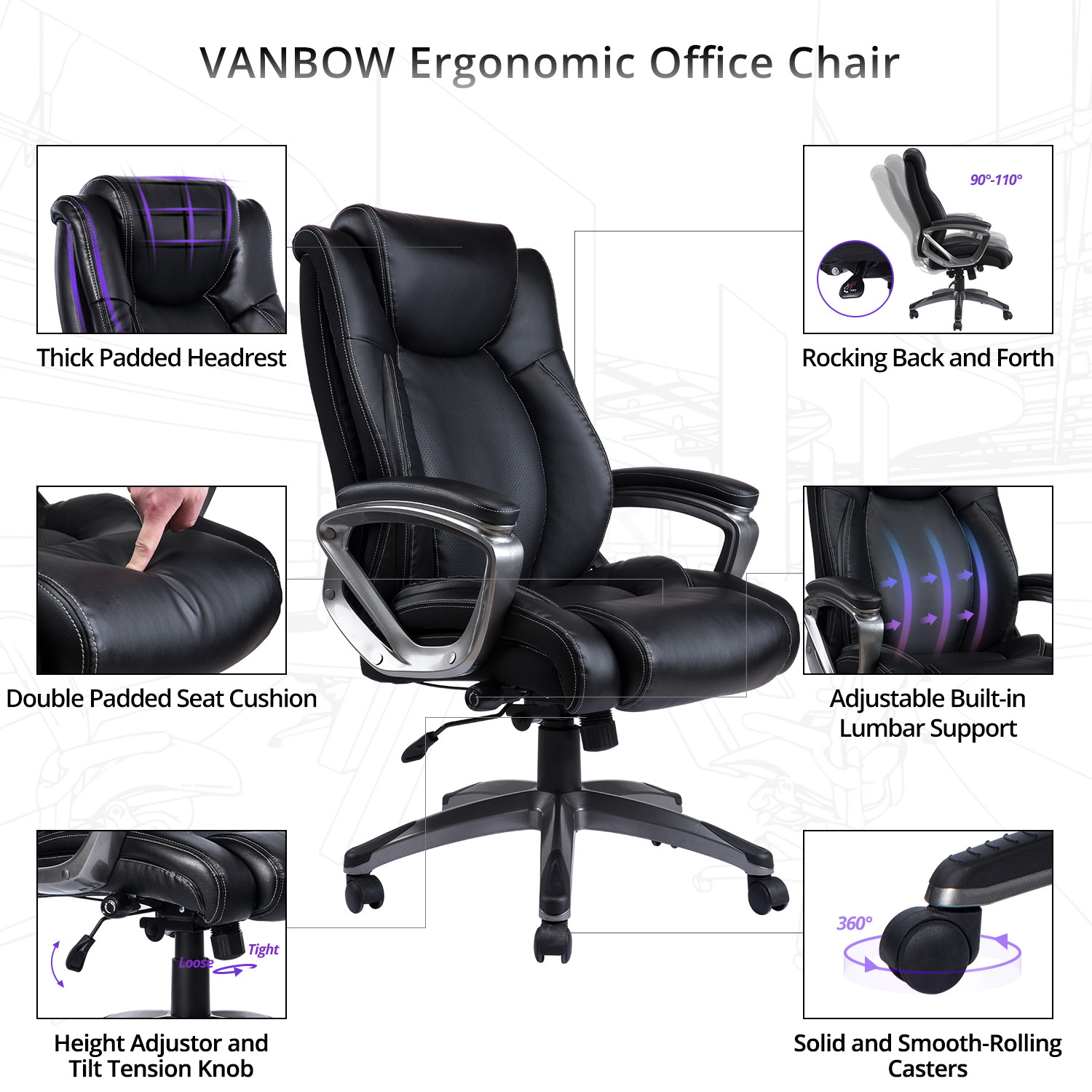 VANBOW Memory Foam Executive Office Chair, Adjustable Lumbar Support Tilt Angle Swivel PU High-Back Computer Task Desk Chair for Office Home