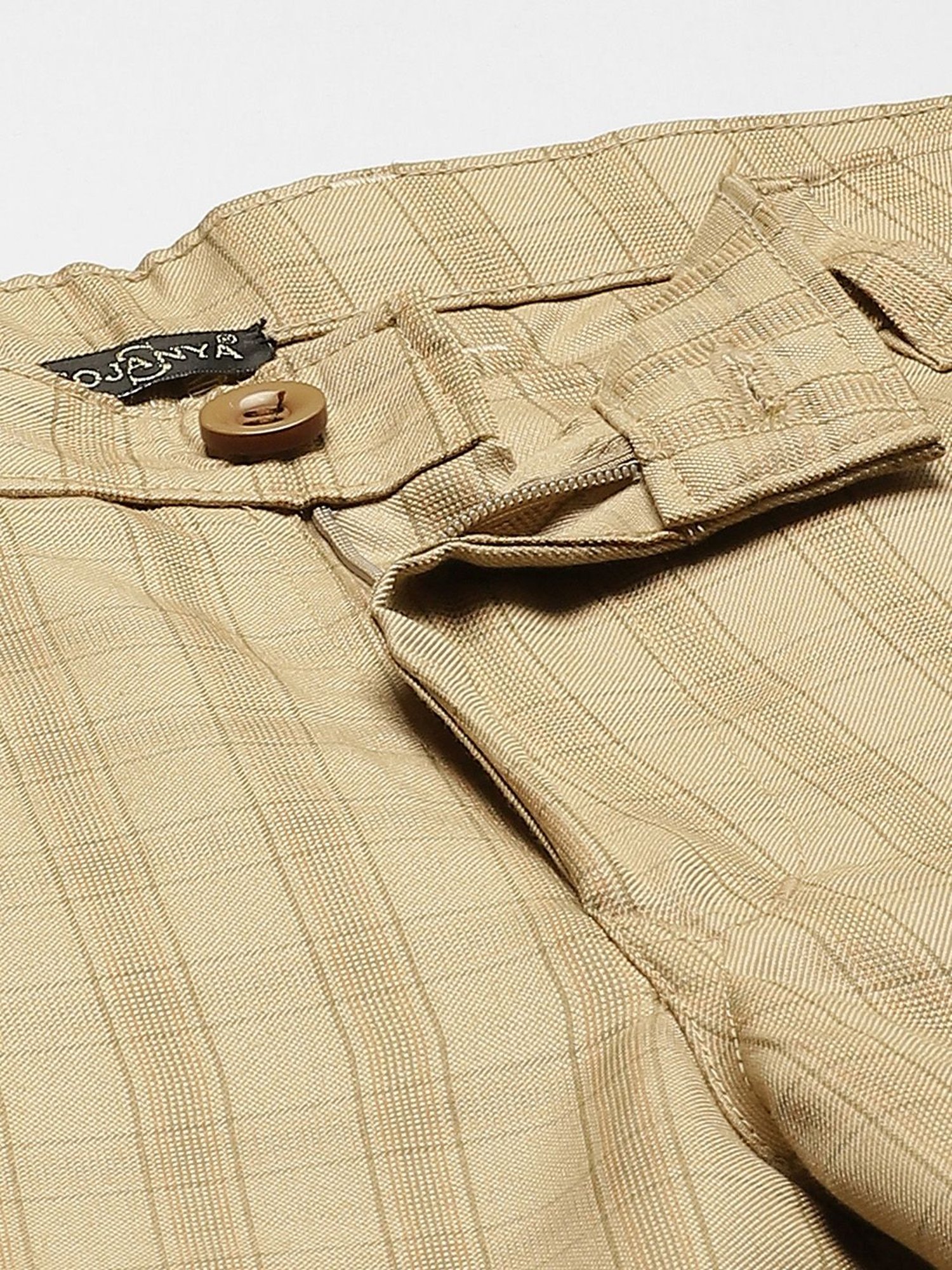 Sojanya Beige Cotton Regular Slim Fit Checks Flat Front Trousers