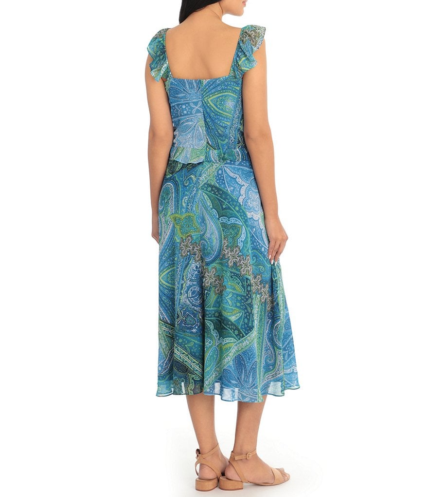 London Times Petite Size Ruffle Strap V-Neck Sleeveless Midi Dress