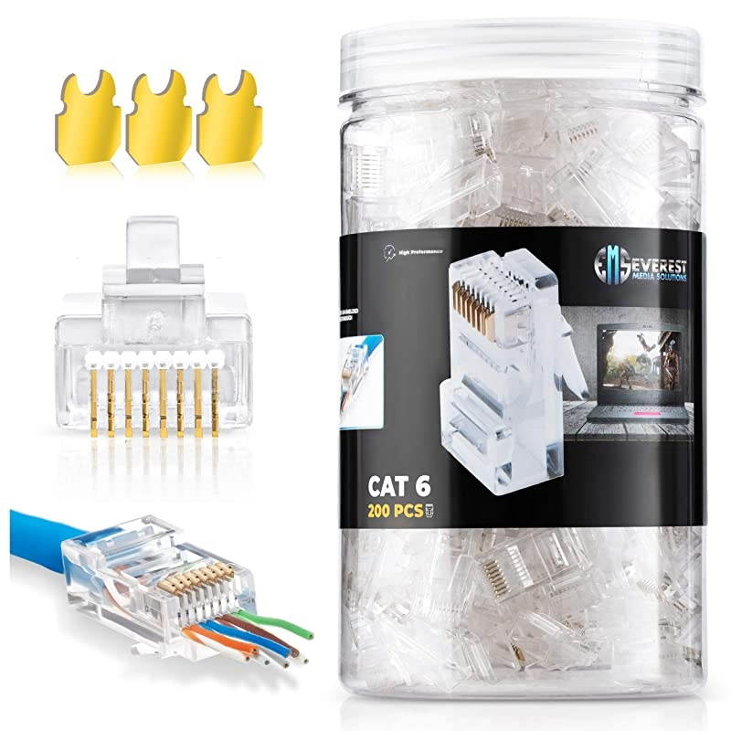 RJ45 Cat6 Pass Through Connectors Pack of 200Jar | Crimp Connector UTP Network Unshielded Plug for Twisted Pair Solid Wire Standard Cables | Transparent Passthrough Ethernet Insert