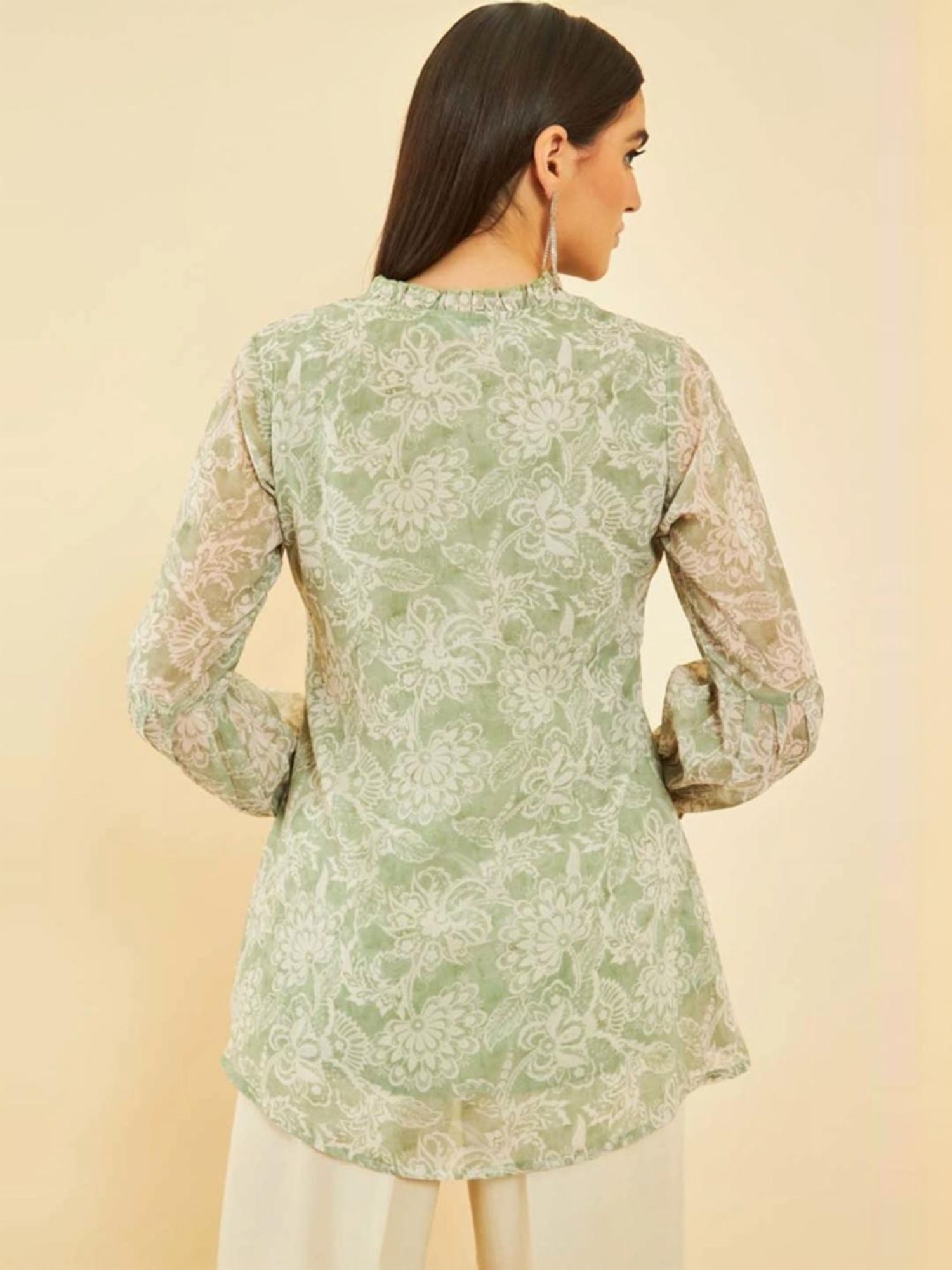 Soch Womens Sap Green Georgette Blend Floral Print Tunic With Ruffles