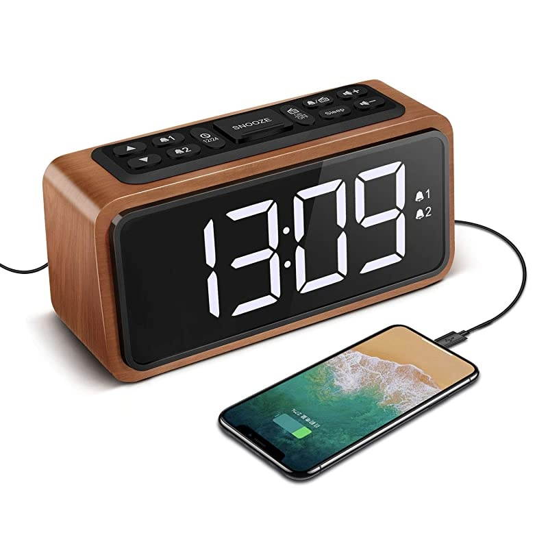 Alarm Clock, Large LED Display Wood Digital FM Alarm Clock, Adjustable Brightness Dimmer and Snooze, Simple LED Clock with Dual Alarm, 12/24 Hour, Powered by AC Adapter (White LED)
