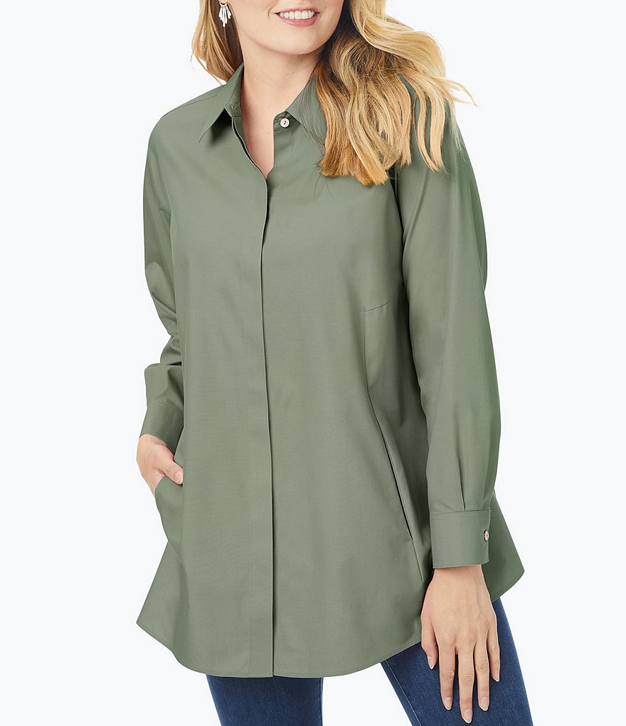 Foxcroft Plus Size Cici Solid Non-Iron Pinpoint Oxford Long Sleeve Point Collar Button Front Tunic