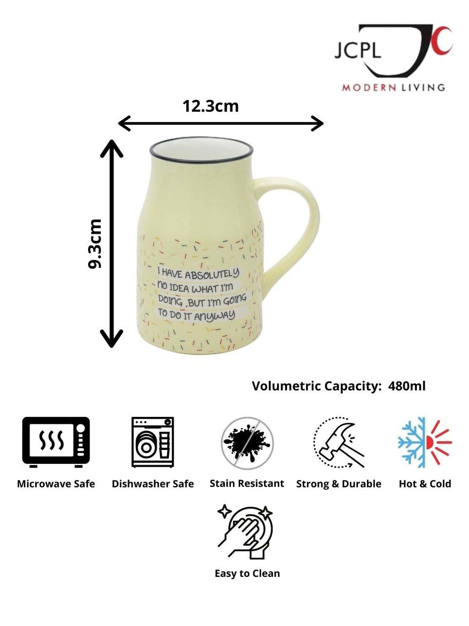 JCPL Light Yellow Ceramic 8.4 cm Milk Mug (0.48 L) - Set of 2